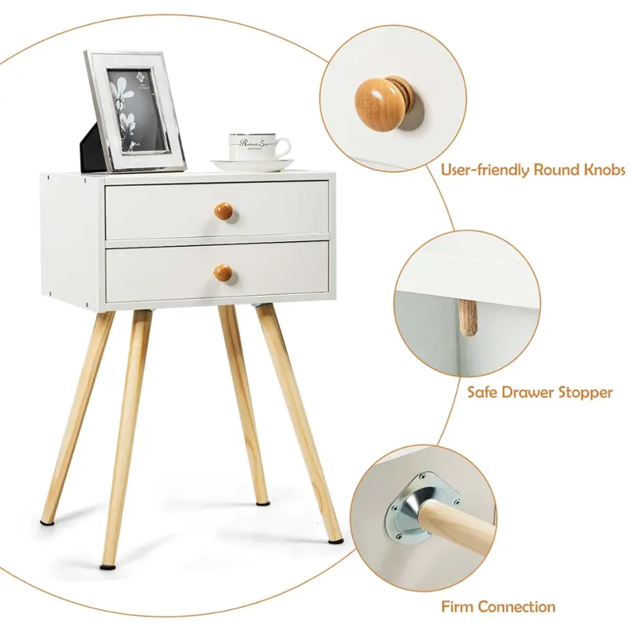 The text on the image reads: "User-friendly Round Knobs Safe Drawer Stopper + Firm Connection."