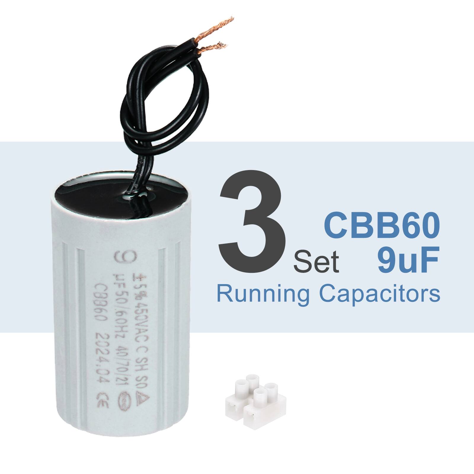 CO + 5% CBB60 UF50/60Hz 5% 450VAC C 2024.04 40/70/21 HS OS s 3 Set CBB60 9uF Running Capacitors