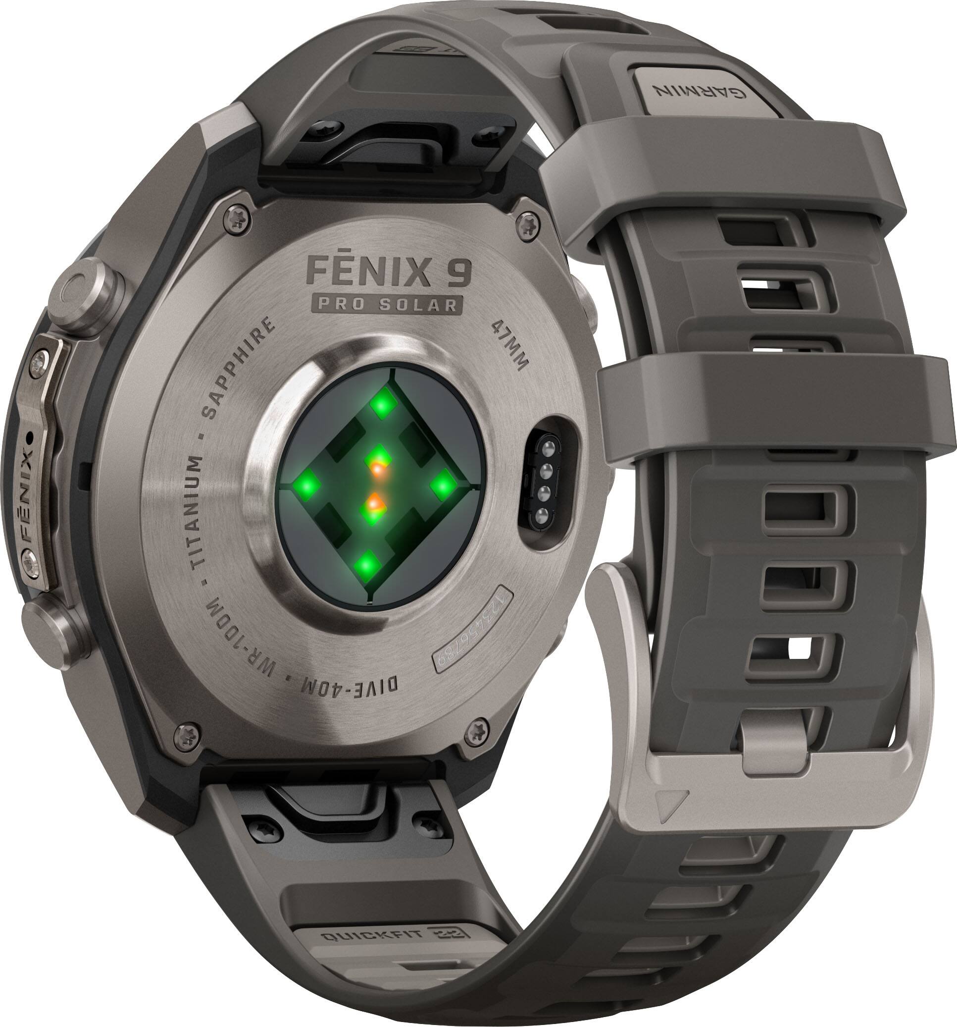 GARMIN  
FÉNIX 9 PRO SOLAR  
47MM TITANIUM  
SAPPHIRE  
WR-100M  
DIVE-40M  
QUICKFIT 22