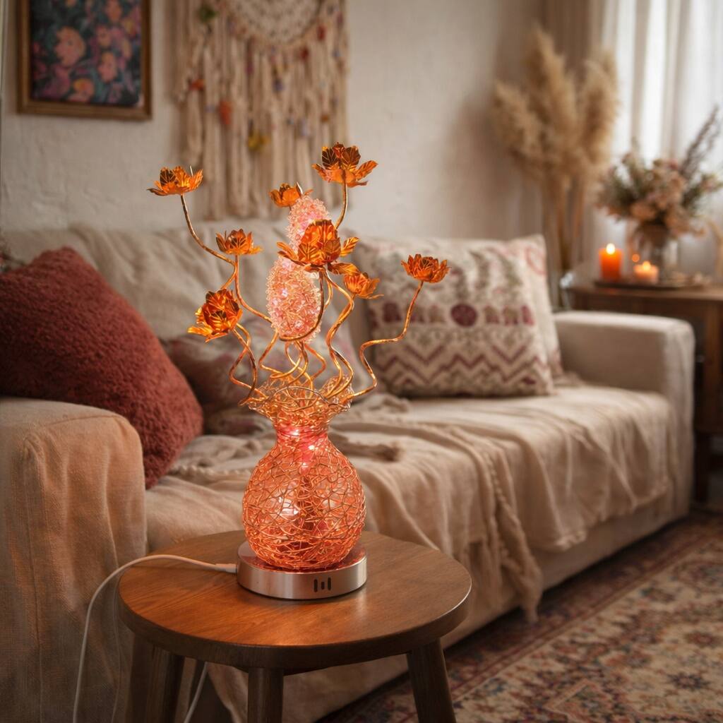 FC Design - 24"H Gold Vase & Floral Stem Red Changing Light Table Lamp