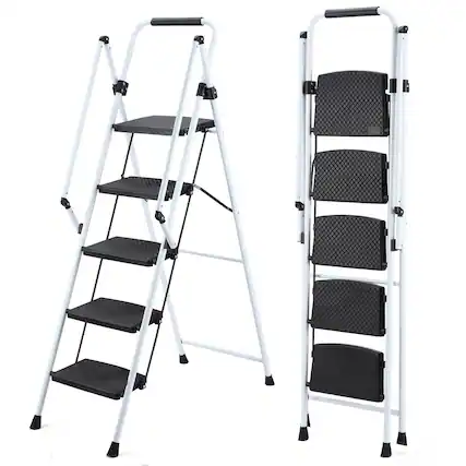 Front. Chateau Abodes - Folding Ladder with Handle, Rubber Feet Capacity 500lbs, Tall Ladders for Home High Ceilings - White-5 Step.