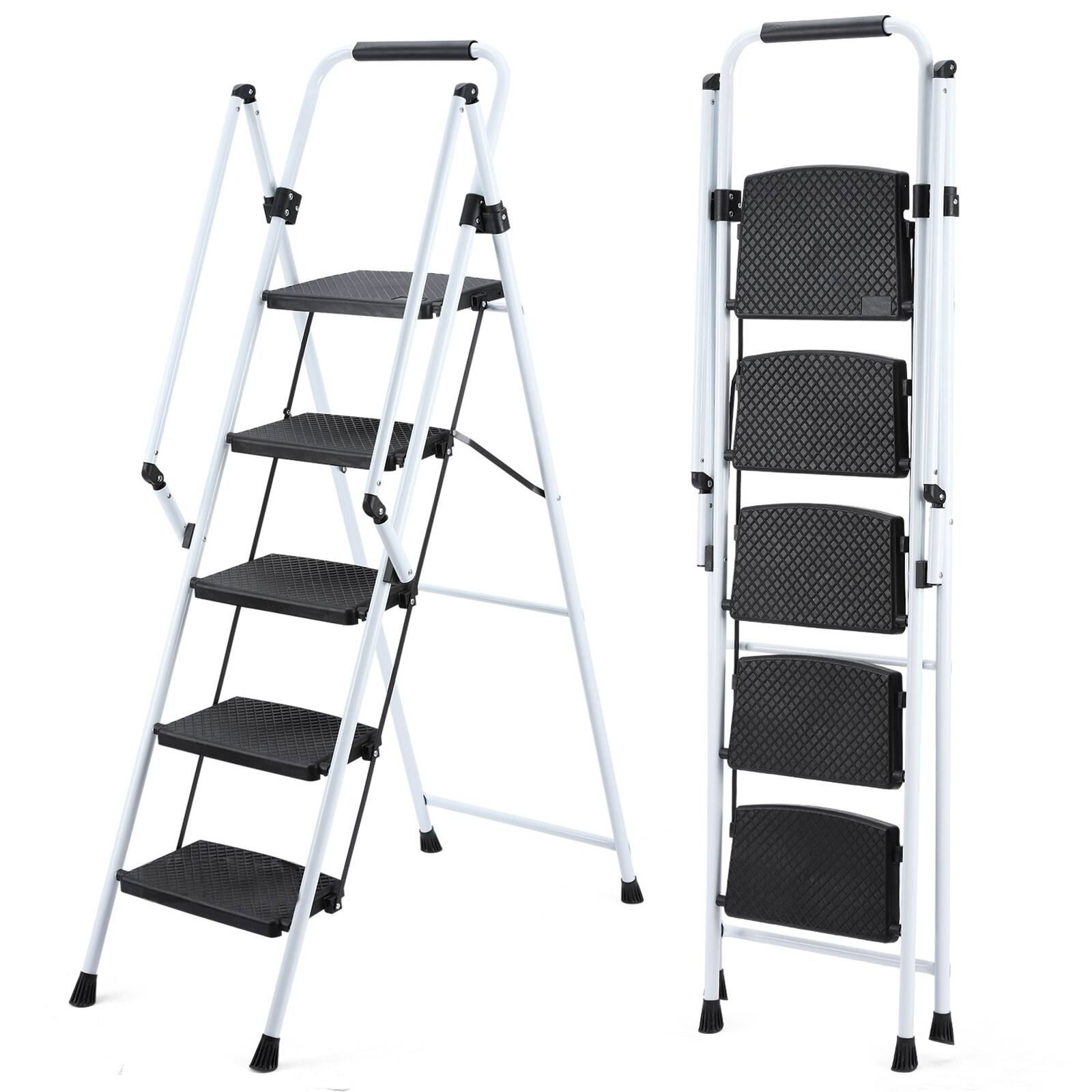Chateau Abodes - Folding Ladder with Handle, Rubber Feet Capacity 500lbs, Tall Ladders for Home High Ceilings - White-5 Step