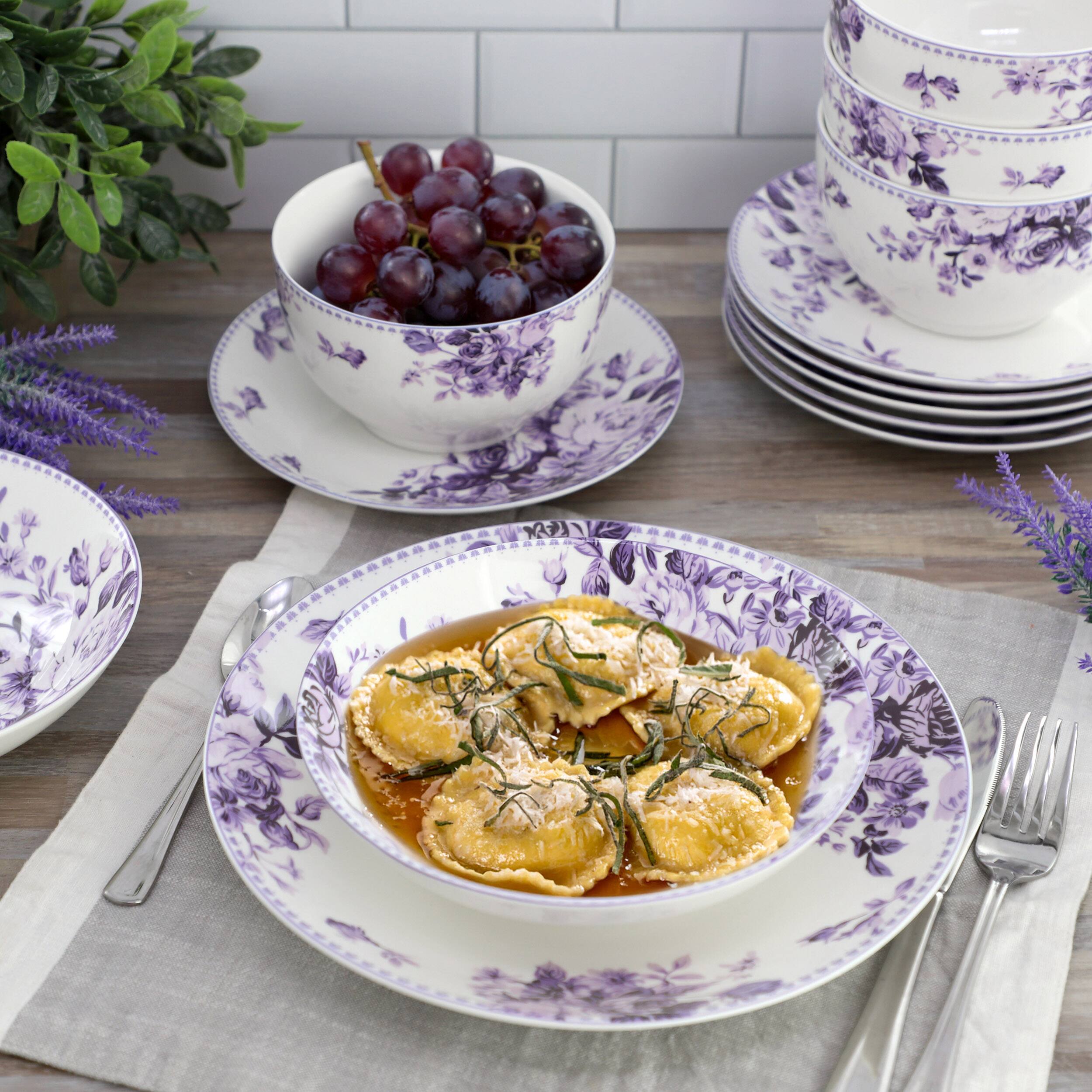 Alt View 6. Elama - Elama Traditional Purple Rose 24 Piece Porcelain Double Bowl Dinnerware Set - Purple.