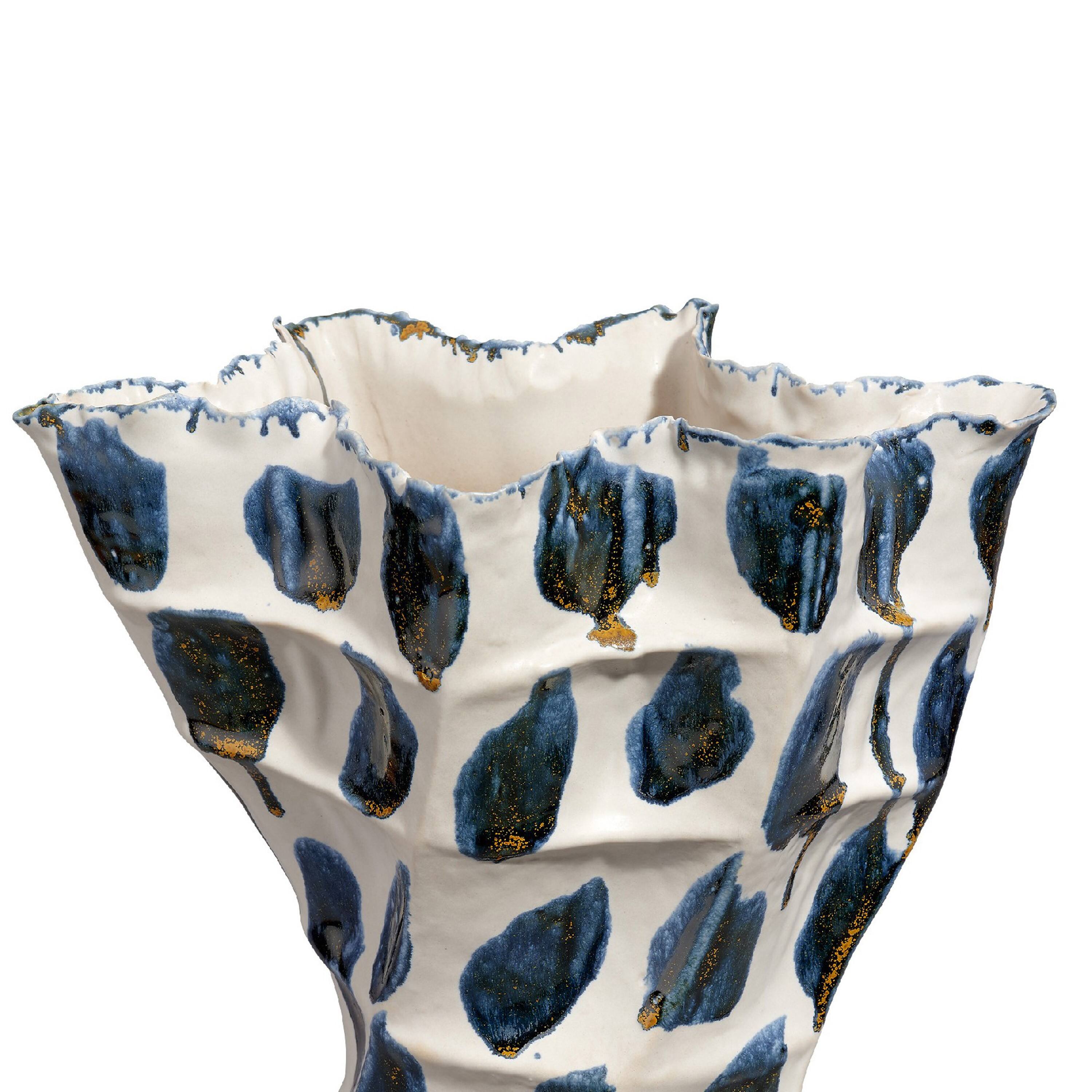 Left. Manhattan Lane - Nery Decorative Vase,   Patchwork Ceramic, Ruffled Edge - Blue, White.