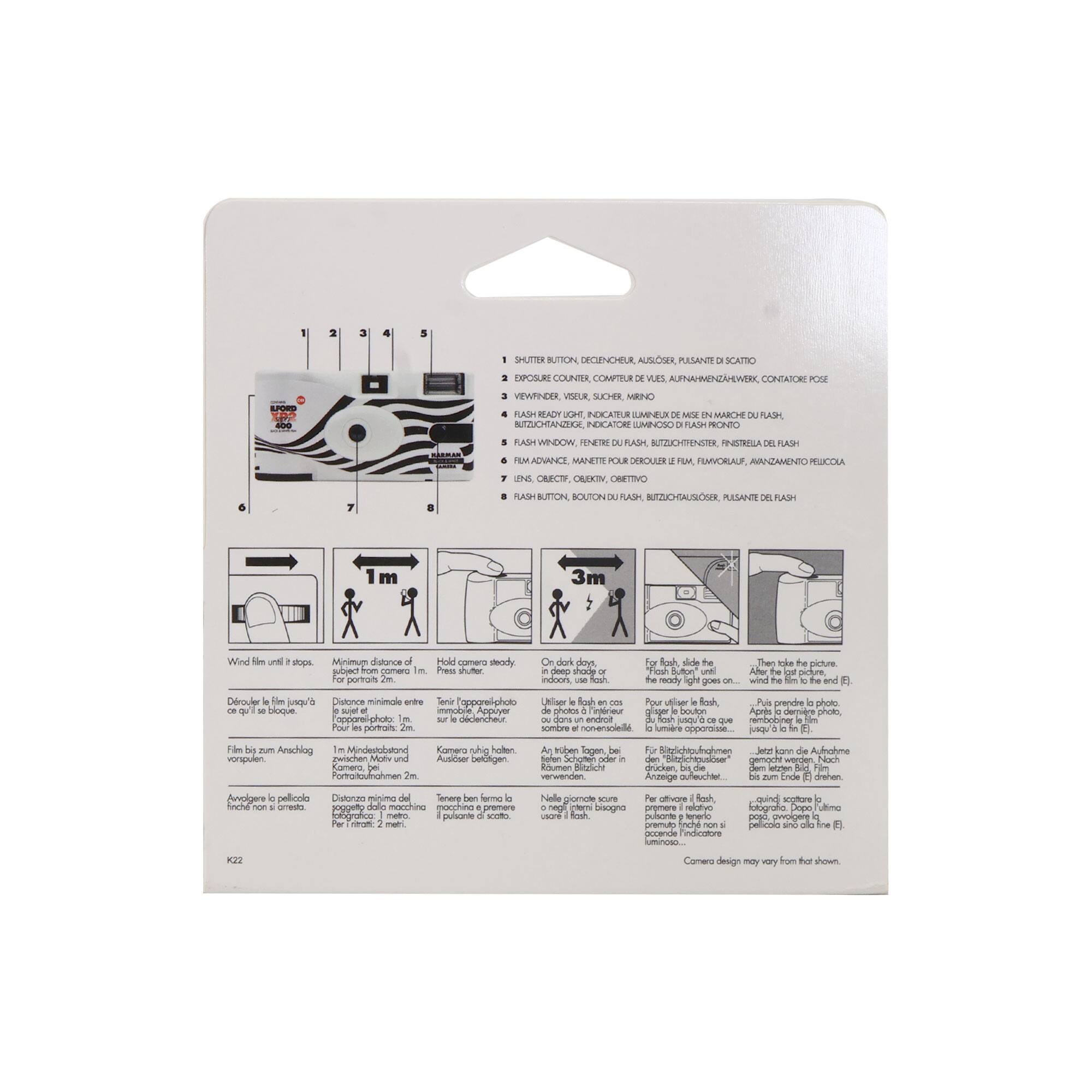 BUTTON, DÉCENCHER, AUSÖSER, RASANTE DE SCATTO  
EXPOSURE COUNTER, COMPTEUR DE VUES, AUFNAHMEZAHLWERK, CONTATORE POSE  
READY LIGHT, INDICATORE LUMINOSO D'APREZZO DEL FLASH  
SHUTTER, EXPOSEUR, VENTILNUR, SCHUTTER, VENTILNUR  
FLASH RELEASE, FLASH BUTTON, BOUTON DU FLASH, BITZUCHTENLOSCHER, RASANTE DEL FLASH  
FLASH WINDOW, INDICATORE DEL FLASH, FLASHFENSTER, FLASHFENSTER  
FILM ADVANCE, MANETTE POUR DÉCROCHER LE FILM, FLIMRAUF, ANZAHLUNG ZU LIEFERUNG  
LENS COVER, COUVERTEUR DE LENTILLE, LINSENSCHUTZ, LENTILLENABDECKUNG, LENTILLENABDECKUNG  
FLASH BULB, FLASH BULB, FLASHBULB, FLASHBULB  

Wind film until stops.  
Développez le film jusqu'à l'arrêt.