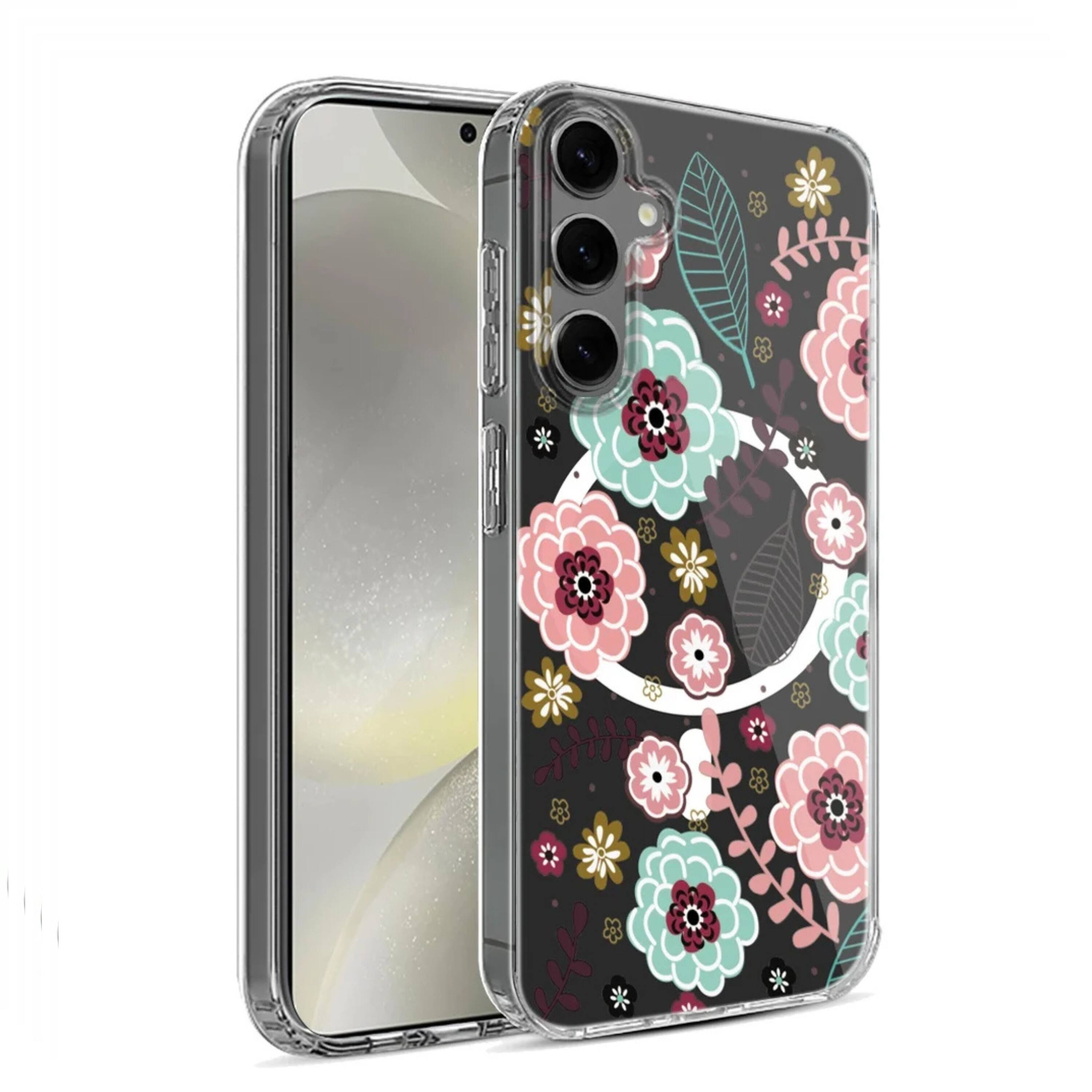 Angle. Kitcheniva - Clear Floral Magnetic Circle Hybrid Phone Case With Tempered Glass For Samsung S25 Plus S24 Plus Floral - Pink.