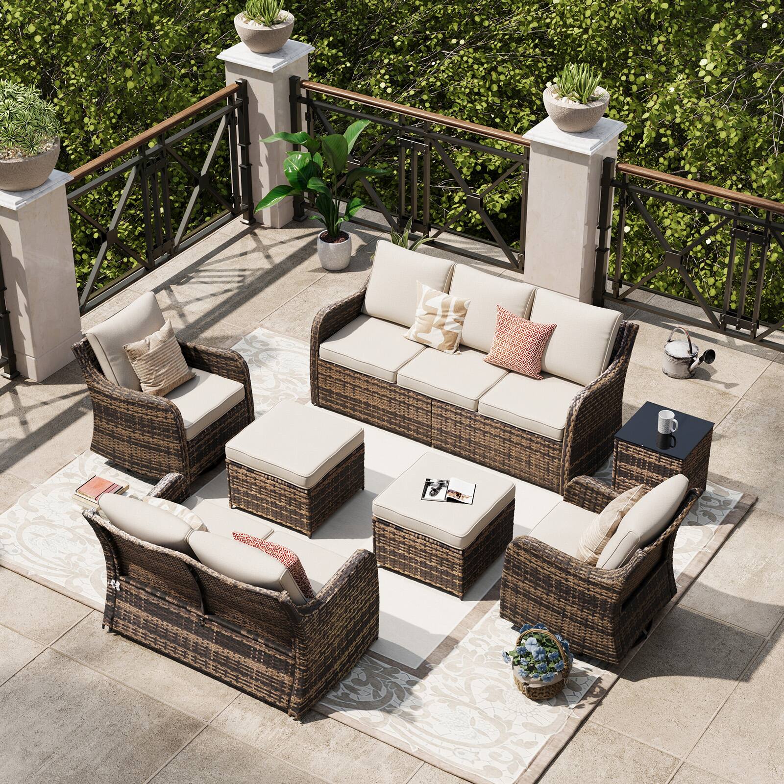 Left. Yardgrace - 7 Pieces Patio Swivel Chair Set Wicker Sofa Rattan Conversation Three Seat Sofa 2 Ottomans Loveseat Lawn Backyard - Beige.