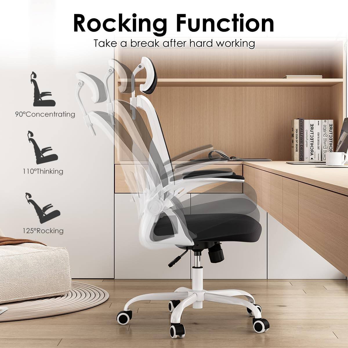 Rocking Function  
Take a break after hard working  

90° Concentrating  
110° Thinking  
125° Rocking