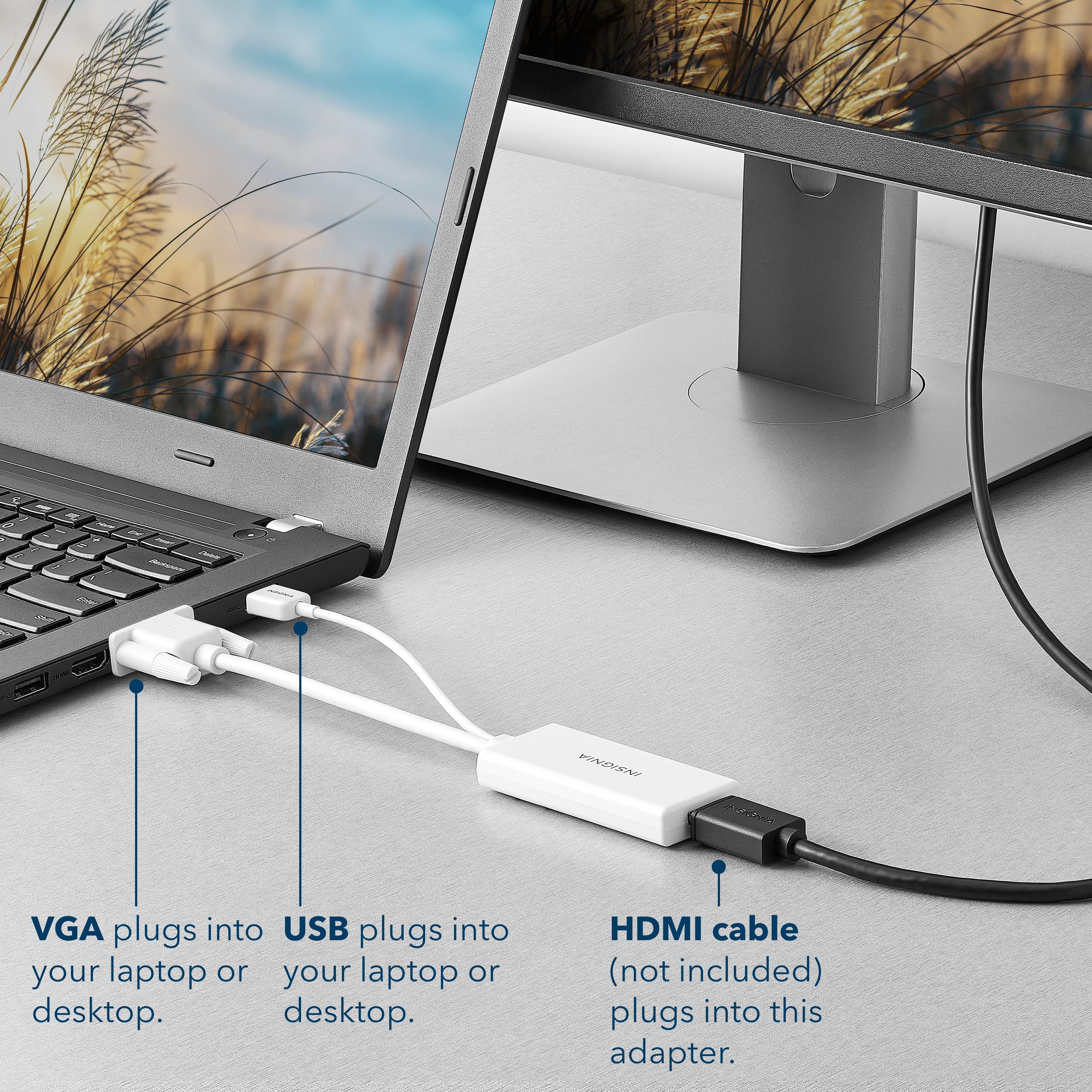 5 - VGA plugs into USB, plugs into your laptop or your laptop or desktop. HDMI cable (not included) plugs into this adapter.