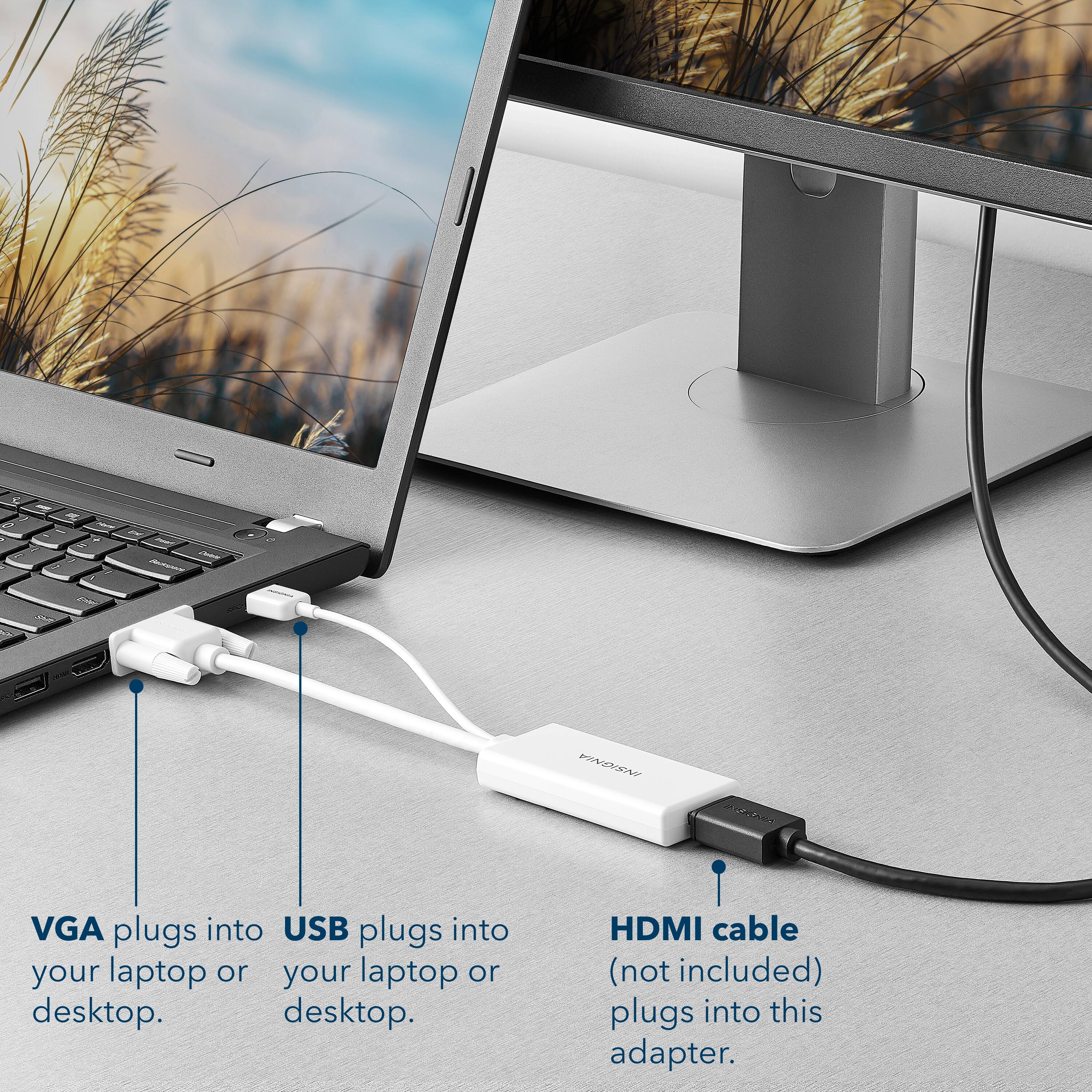 5 - VGA plugs into USB, plugs into your laptop or your laptop or desktop. HDMI cable (not included) plugs into this adapter.