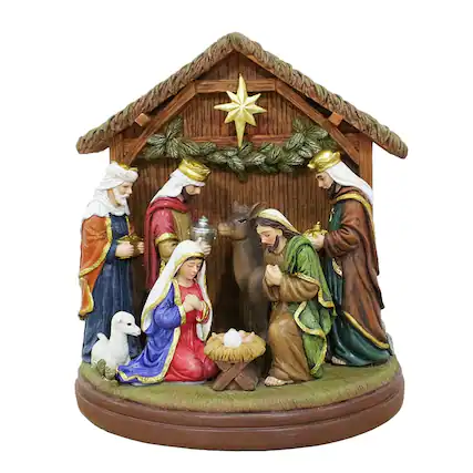 Front. OrnamentallyYou - Radiant Nativity Scene Handcrafted Statue Figurine, 7" Birth of Jesus Christian Home Decoration - Brown.