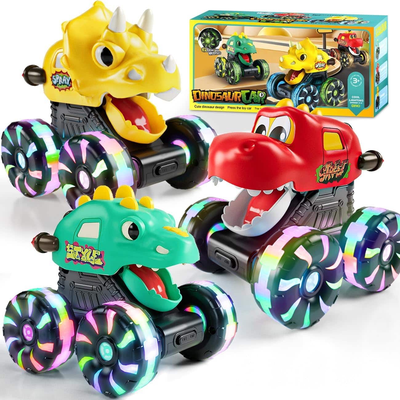 Auledio - 3 Pack Dinosaur Press & Go Trucks Toy for Kids,Light up Wheels Monster Truck Toys for Boys 2-8 Years Old Christmas Gifts