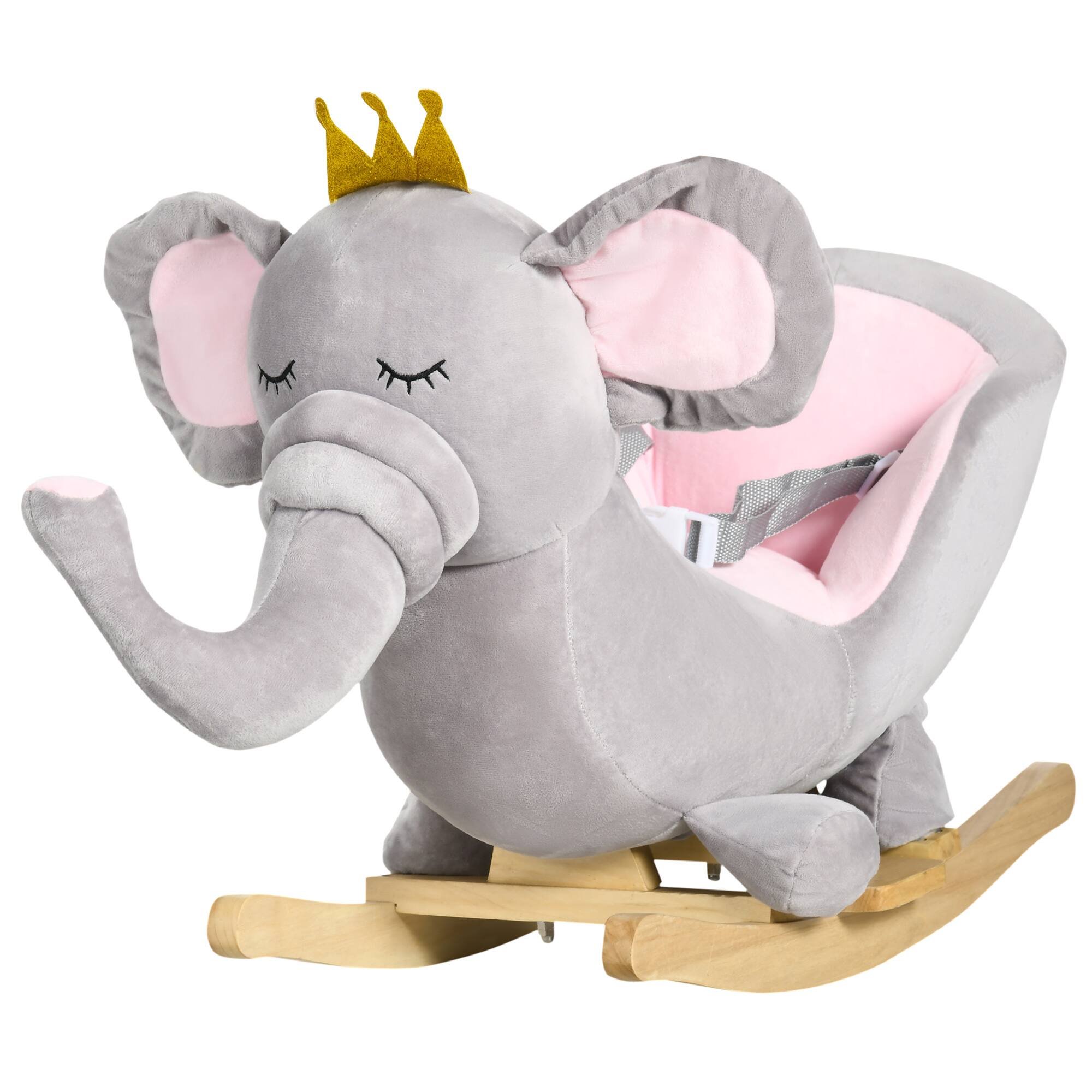 Angle. Whisen - Plush Elephant Rocking Horse for Toddlers with Music,Safety Belt and Wood Base - Gray.