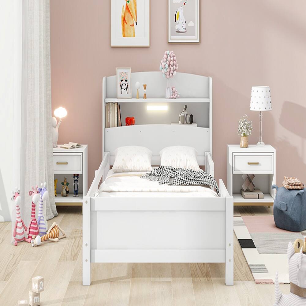 Back. Loheer - Loheer Twin Size Platform Bed, Wood Twin Bed with Built-in LED Light, Storage Headboard and Guardrail, White - White.