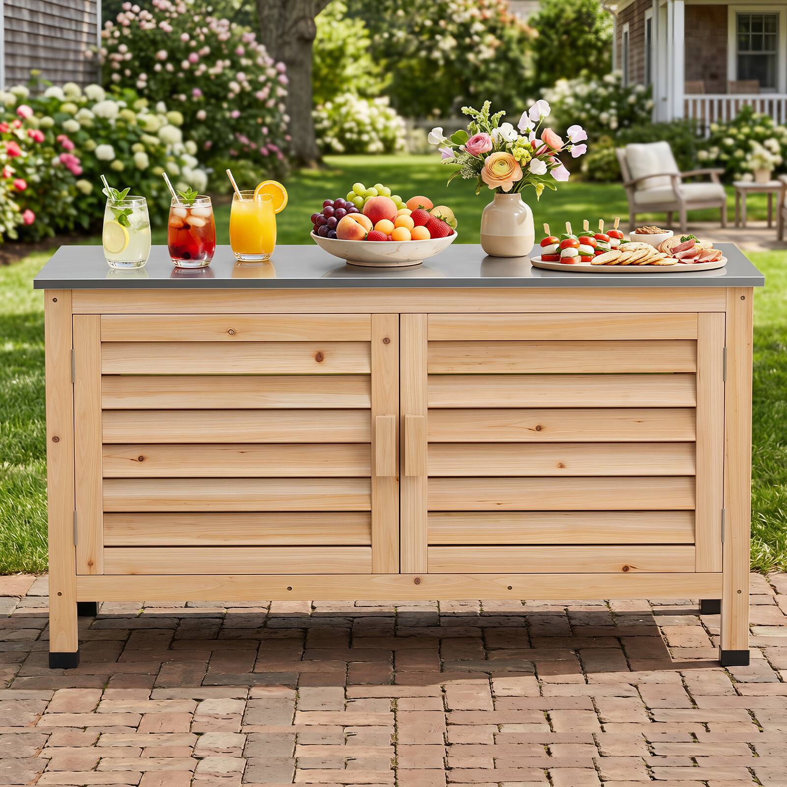 Alt View 4. Costway - Costway 2-Door Potting Table with Stainless Steel Countertop Fir Wood Frame L-Shaped Shelf - Natural + Silver.