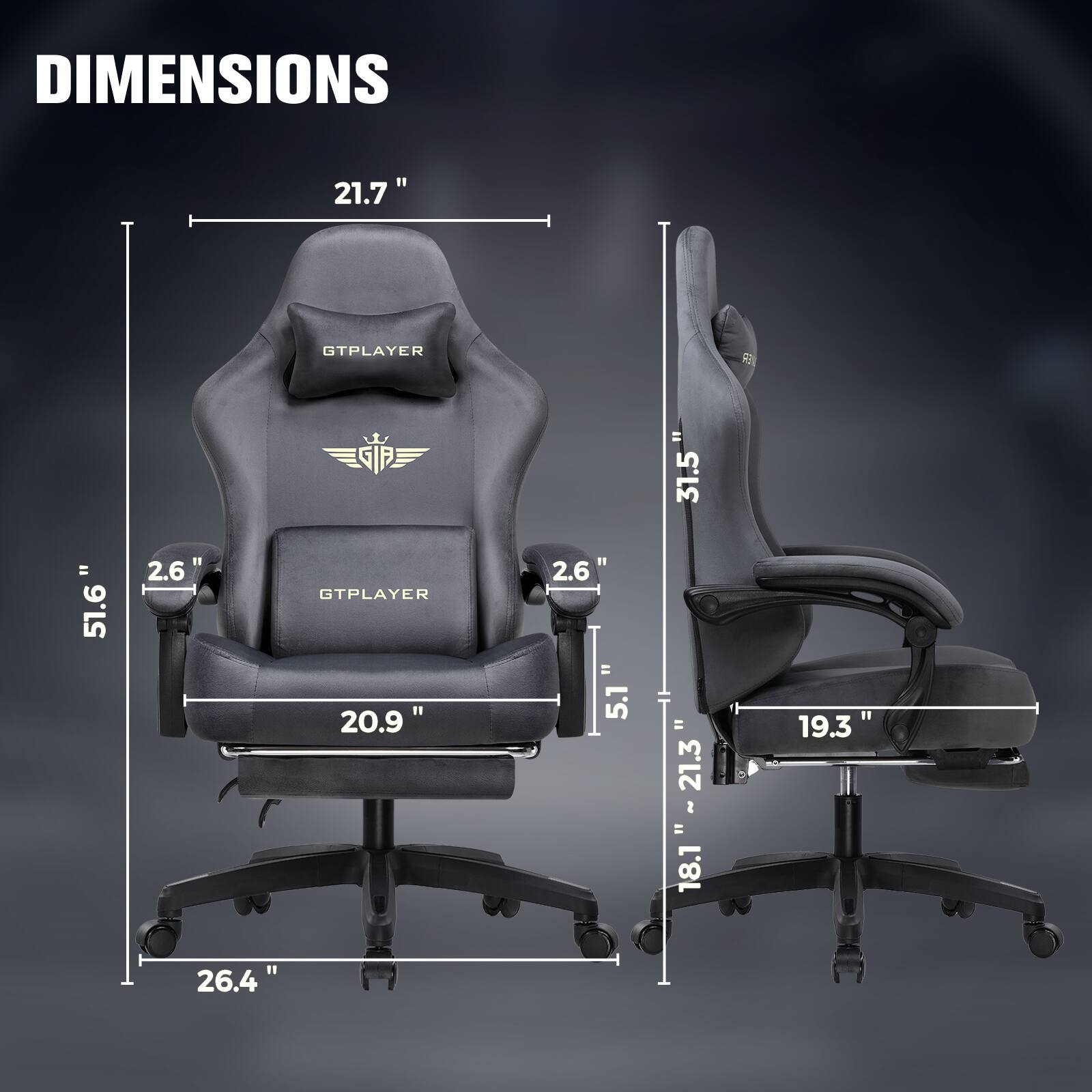DIMENSIONS

21.7"  
51.6"  
2.6"  
20.9"  
26.4"  

31.5"  
2.6"  
51"  
21.3"  
18.1"  
19.3"