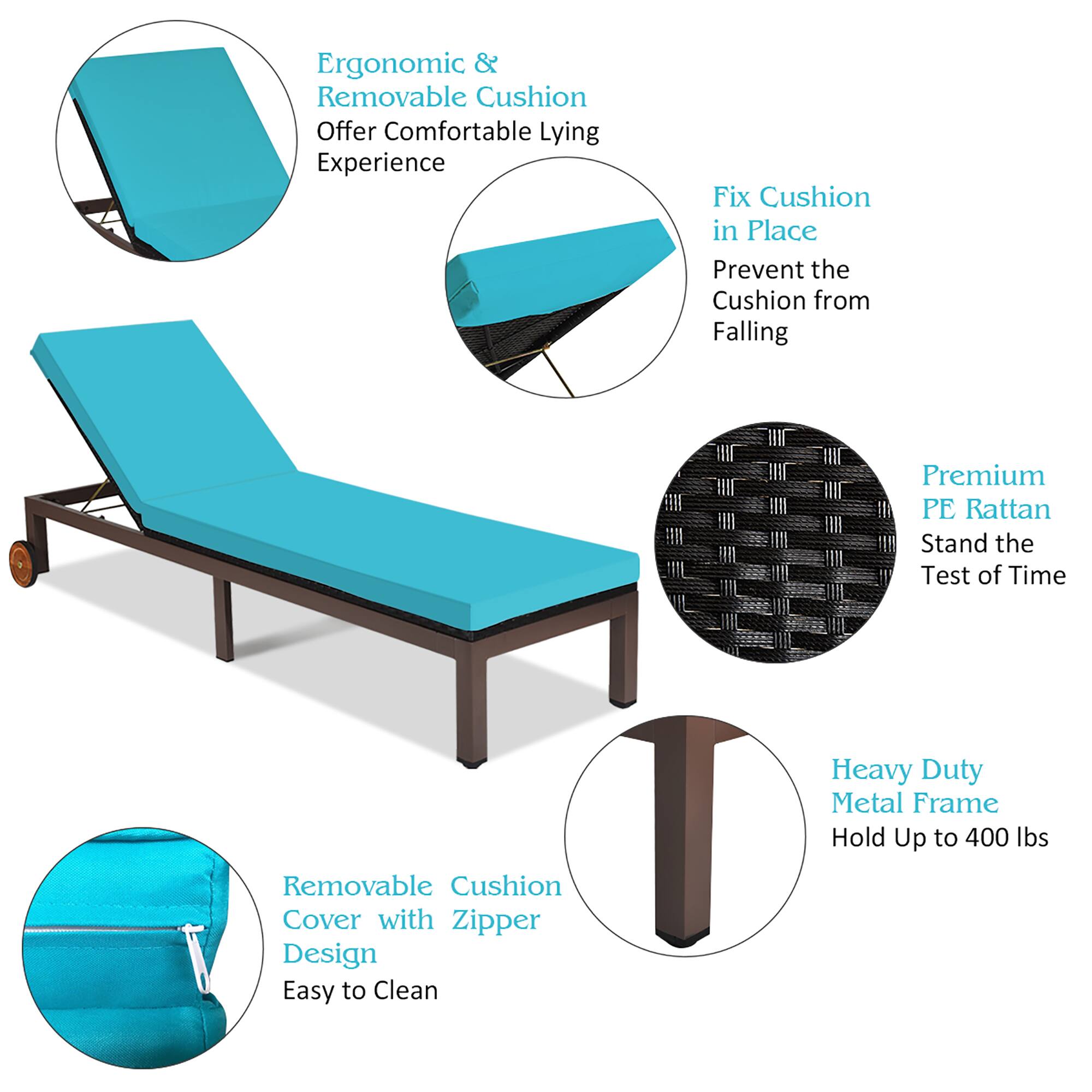 The text on the image can be grouped and corrected as follows:

1. Ergonomic & Removable Cushion Offer Comfortable Lying Experience: This text describes the cushion's design, which is both ergonomic and removable, providing a comfortable and customizable lying experience.

2. Fix Cushion in Place: This text suggests that the cushion is designed to stay in place, preventing it from falling or shifting during use.

3. Premium PE Rattan Stand the Test of Time: This text highlights the durability and quality of the stand, which is made from premium PE rattan material and is built to last.

4. Removable Cushion Cover with Zipper Design: This text describes the cushion cover, which is removable and features a zipper design for easy cleaning and maintenance.

5. Easy to Clean: This text emphasizes the cushion's removable cover and zipper design, making it easy to clean and maintain.

6. Heavy Duty Metal Frame Hold Up to 400 lbs: This text highlights the strength and durability of the metal frame, which can hold up to 400 lbs and is built to withstand heavy use.