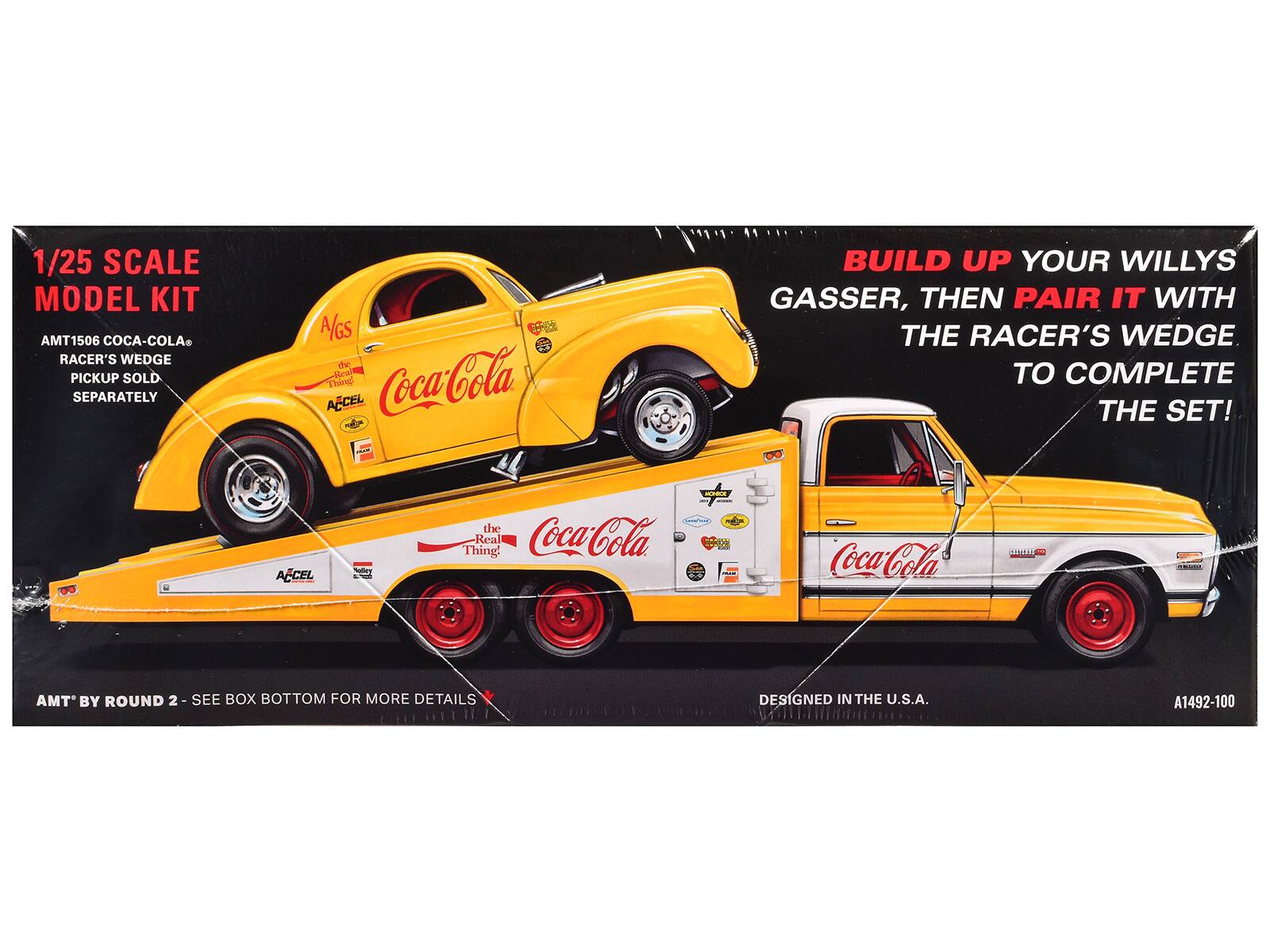 1/25 SCALE MODEL KIT  
AMT1506 COCA-COLA® RACER'S WEDGE PICKUP SOLD SEPARATELY  

BUILD UP YOUR WILLYS GASSER, THEN PAIR IT WITH THE RACER'S WEDGE TO COMPLETE THE SET!  

AMT BY ROUND 2 - SEE BOX BOTTOM FOR MORE DETAILS  

DESIGNED IN THE U.S.A.  
A1492-100