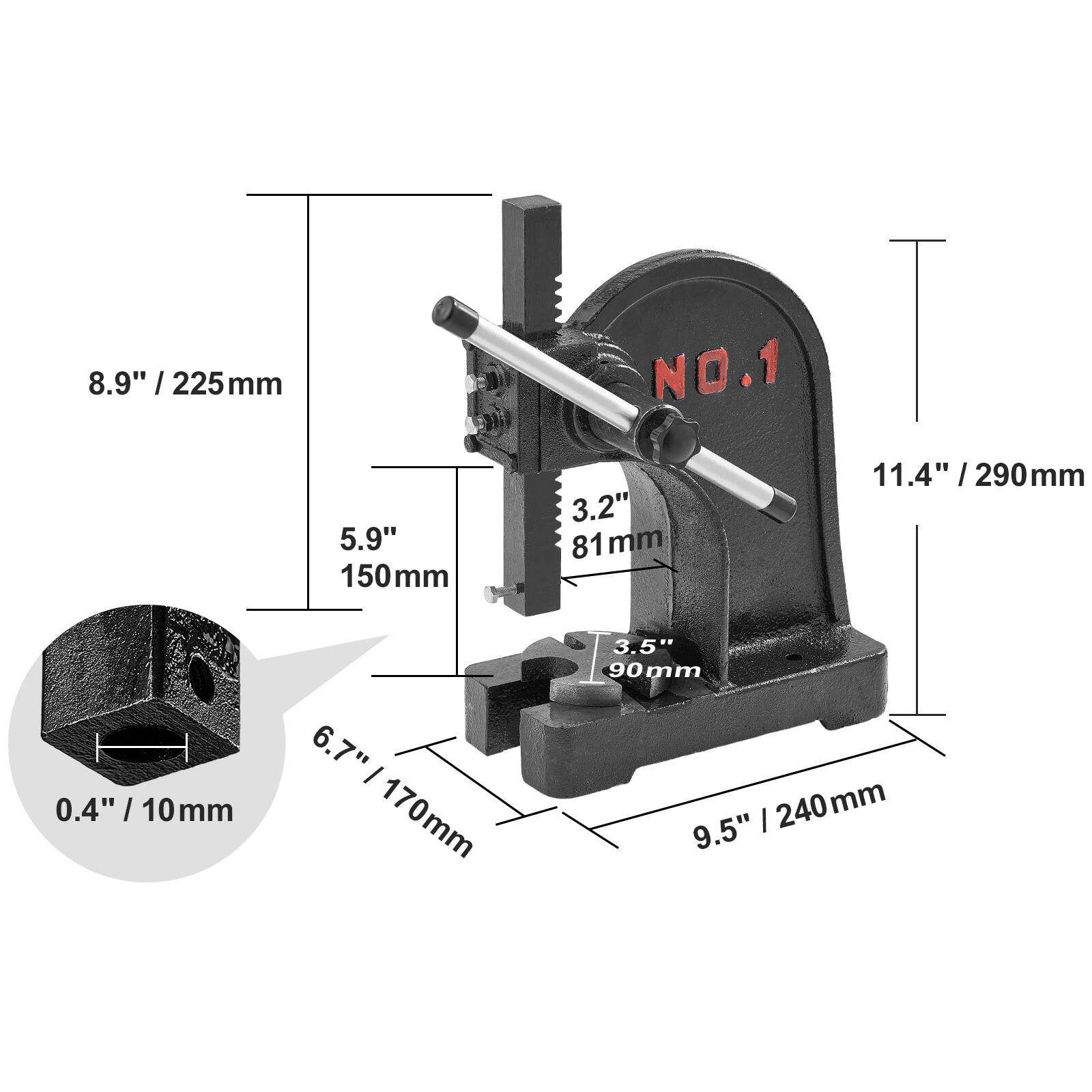 8.9" / 225mm  
5.9" / 150mm  
3.2" / 81mm  
11.4" / 290mm  
3.5" / 90mm  
0.4" / 10mm  
6.7" / 170mm  
9.5" / 240mm