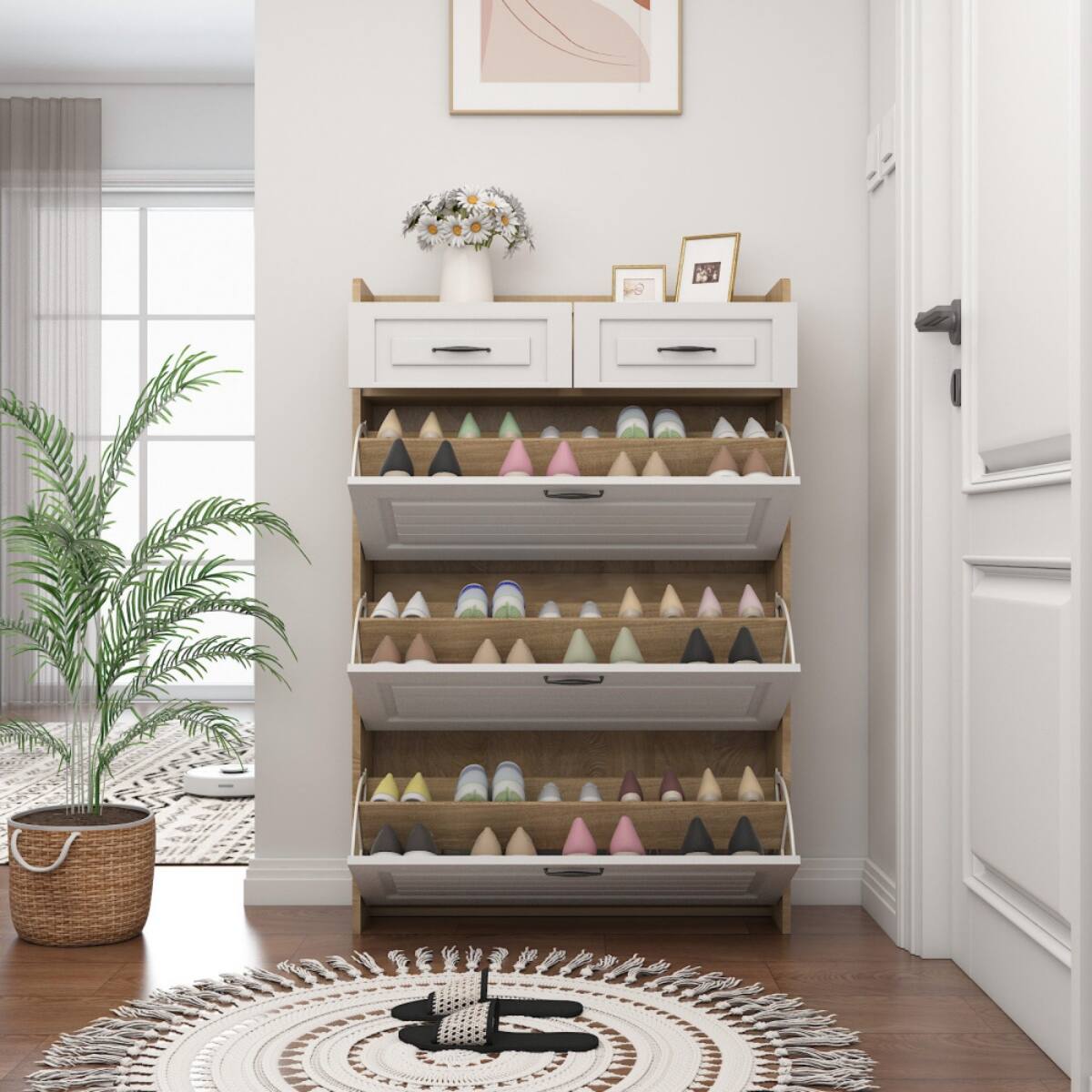 Alt View 2. HTUTWOO - Freestanding  Shoe Storage Cabinet with 3 Flip Drawers & 2 Drawers,Shoe Cabinet with Adjustable Shelf,for Entryway - Beige.