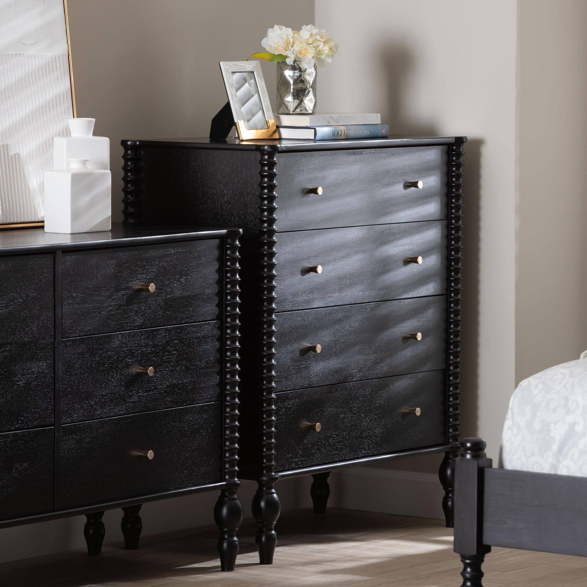 Alt View 5. Baxton Studio - Callison Spindle Chest - 4-Drawer Farmhouse Vertical Cabinet with Turned Accents for Bedroom, - Black.