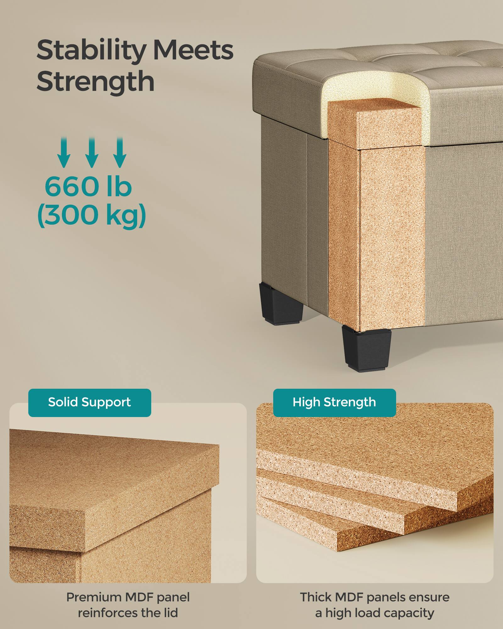 Stability Meets Strength

660 lb (300 kg)

Solid Support

High Strength

Premium MDF panel reinforces the lid

Thick MDF panels ensure a high load capacity