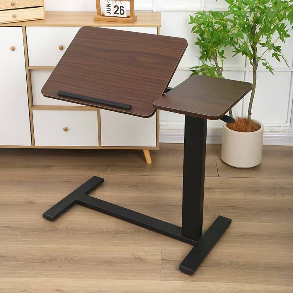 Back. Loheer - Loheer Walnut Overbed Table Rolling Laptop Stand Adjustable Height Bedside Desk with Hidden Wheels Tilting Tray for Sofa - Walnut.