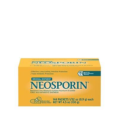 NEOSPORIN
Effective Long-Lasting Infection Protection
Triple Antibiotic Protection
ORIGINAL OINTMENT
NEOSPORIN
Bacitracin Zinc-Neomycin Sulfate-Polymyxin B Sulfate
FIRST AID ANTIBIOTIC OINTMENT
144 PACKETS 1/32 oz (0.9 g) each
Every Cut. Every Time.
NET WT 4.5 oz (130 g)