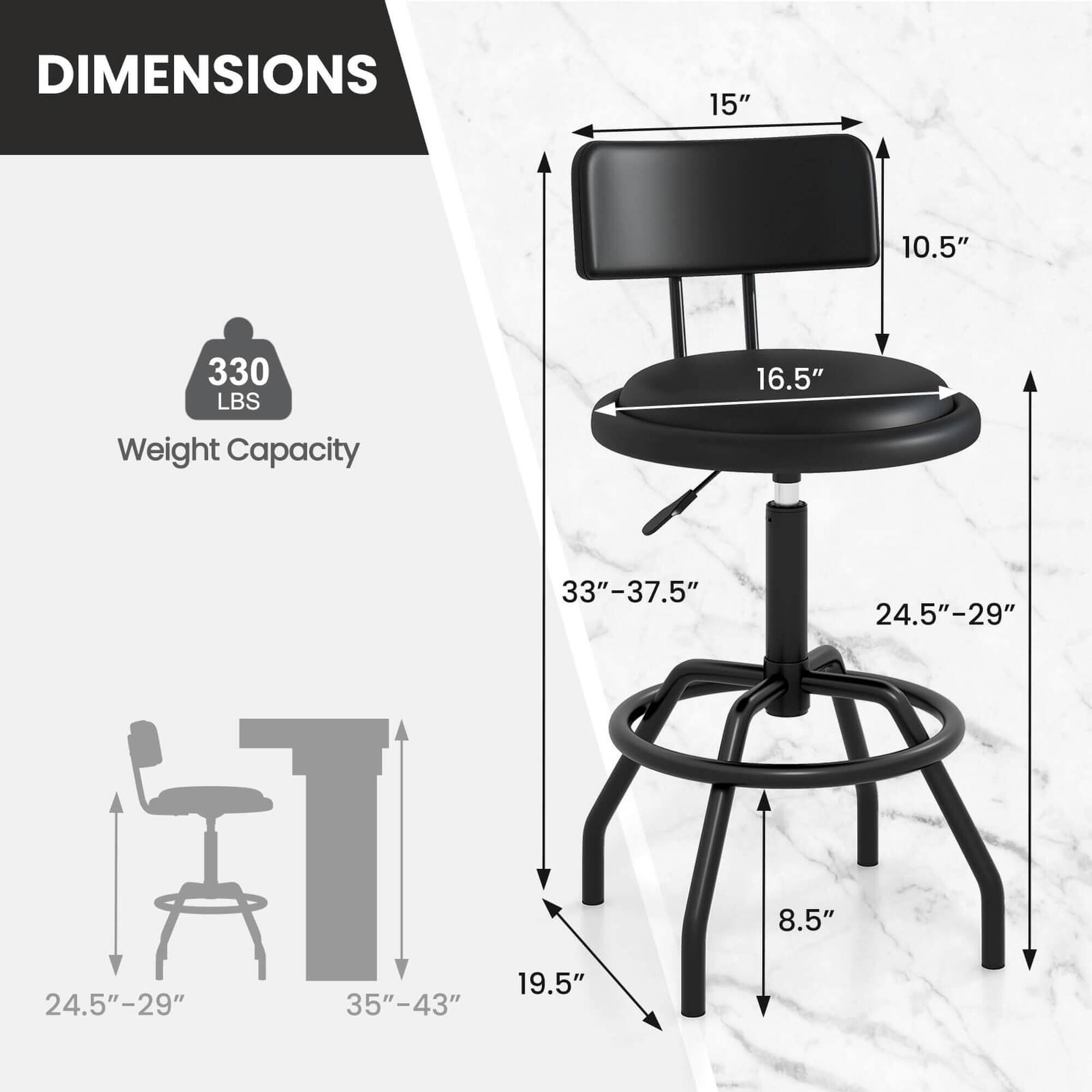 DIMENSIONS  
15" x 10.5" x 16.5"  
Weight Capacity: 330 LBS  
33"-37.5" x 24.5"-29" x 8.5"  
19.5" x 24.5"-29" x 35"-43"