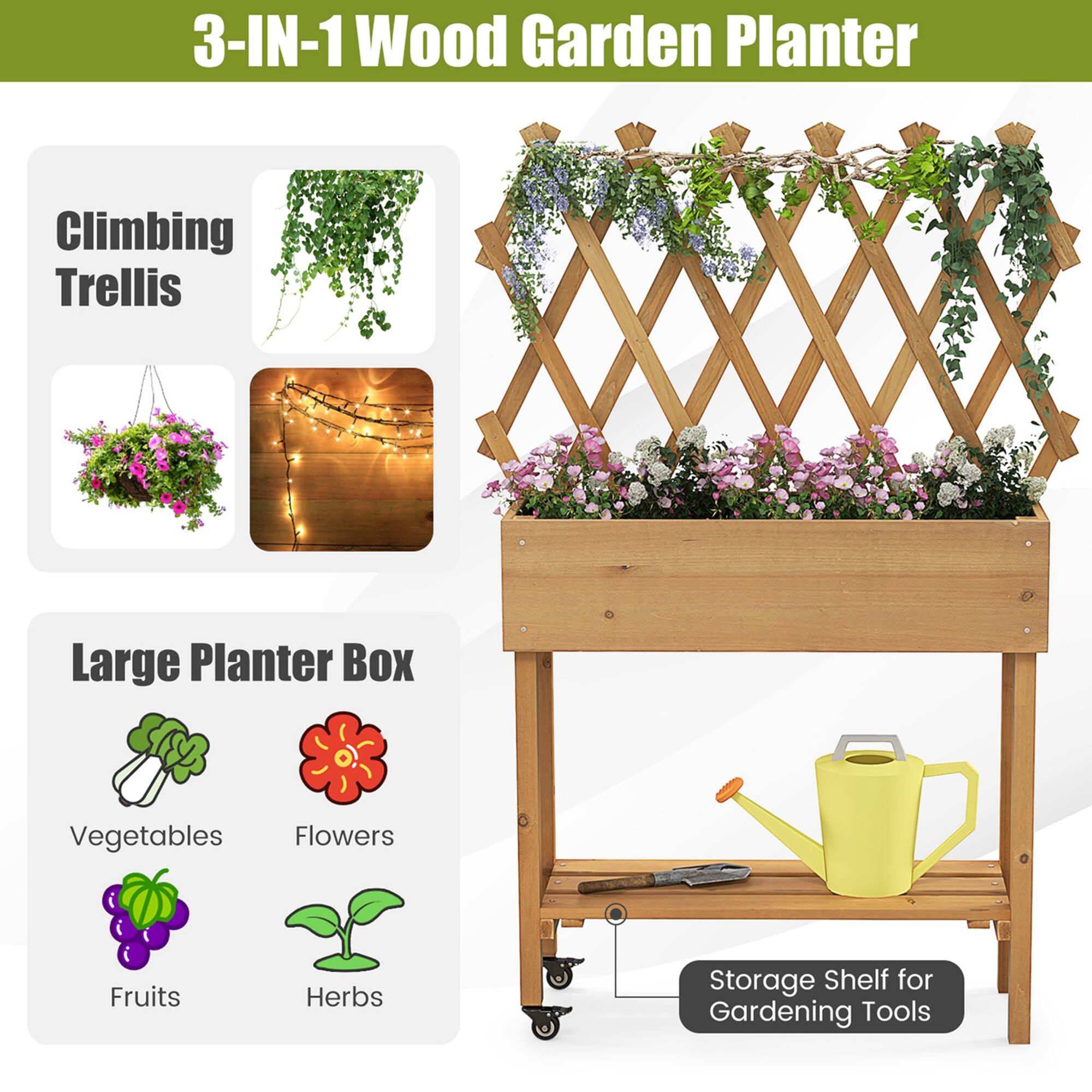 3-IN-1 Wood Garden Planter Climbing Trellis Large Planter Box Vegetables Flowers Fruits Herbs Storage Shelf for Gardening Tools