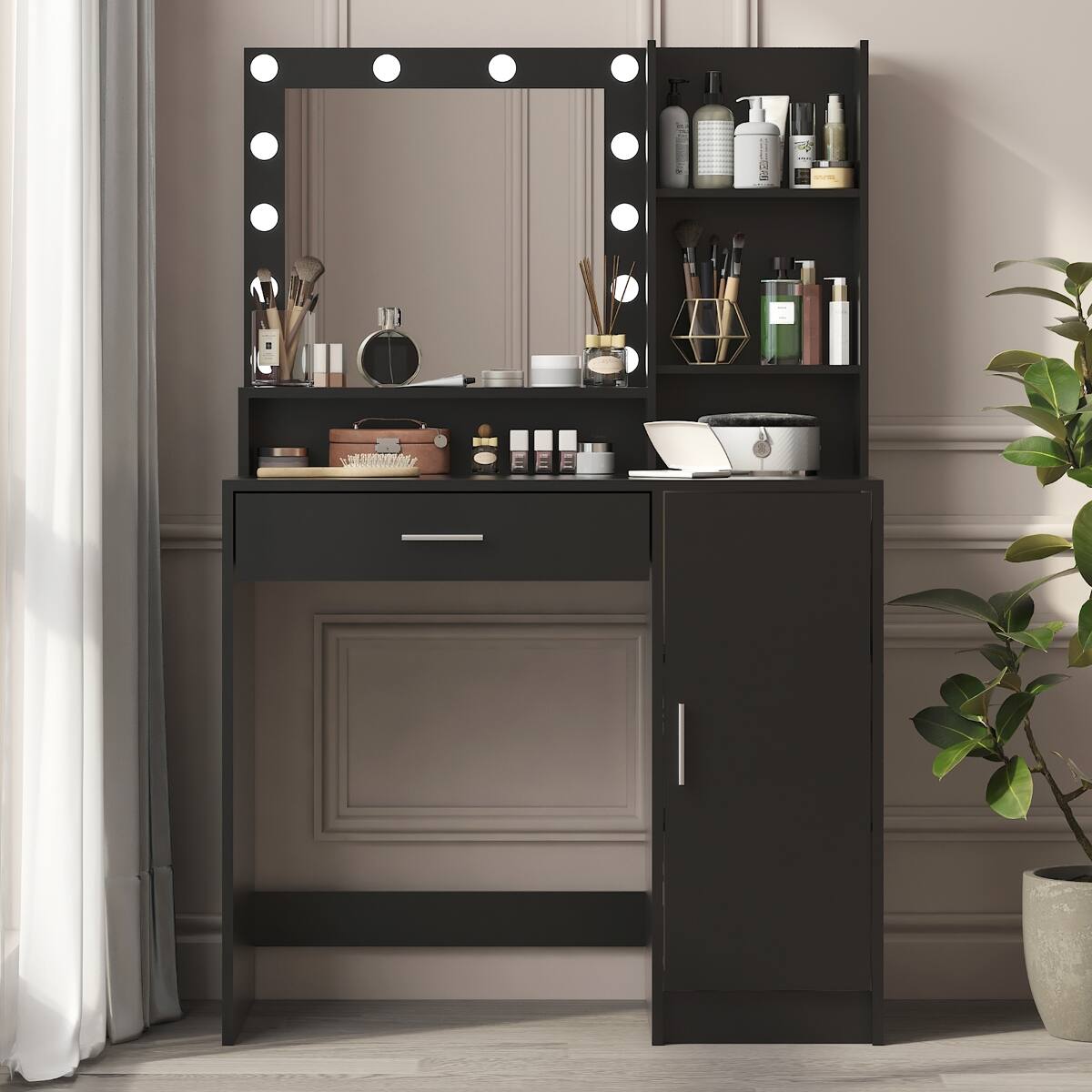 Angle. Loheer - Loheer Makeup Vanity Desk with Mirror and Lights, Black Vanity Desk with Storage - Black.