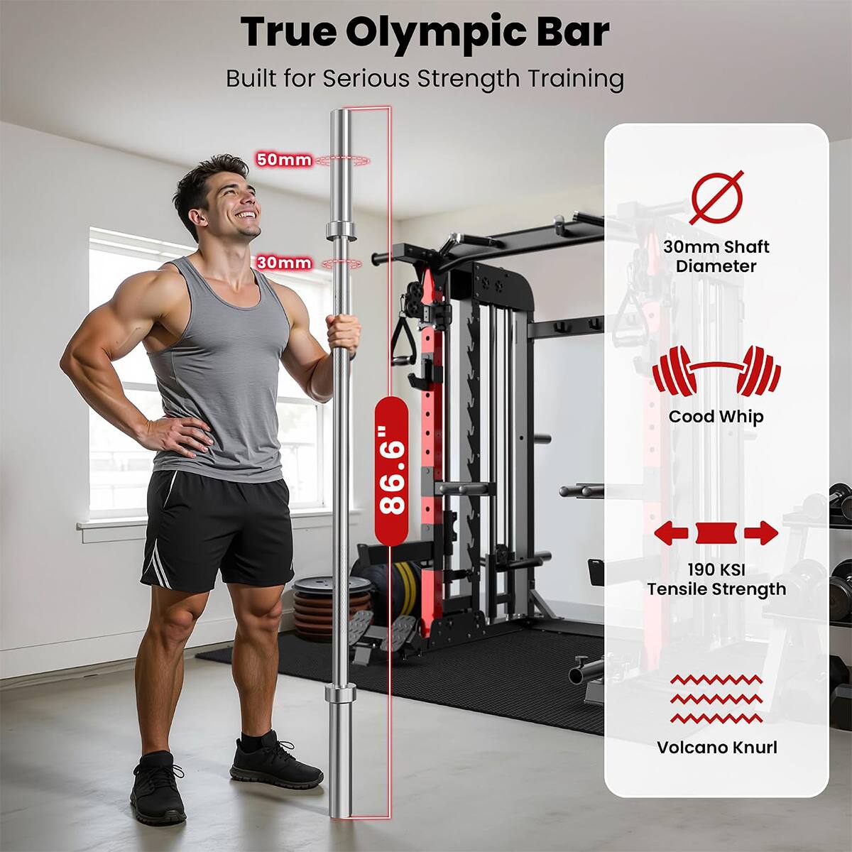 True Olympic Bar  
Built for Serious Strength Training  

50mm  
30mm  
30mm Shaft Diameter  
86.6"  
Cood Whip 190 KSI Tensile Strength  
Volcano Knurl