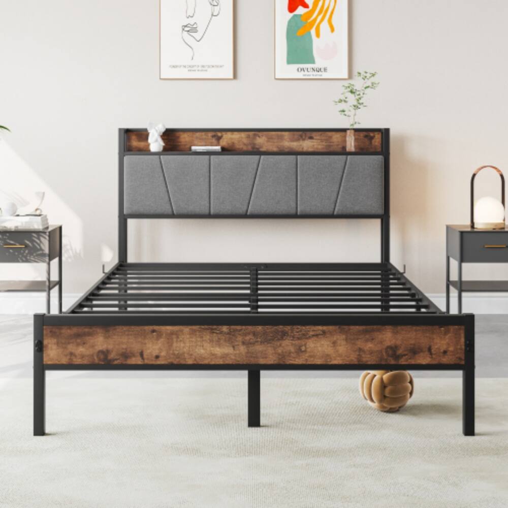 Left. LUCKY ONE - Full Size Bed Frame with Storage Headboard, USB Charging Station, Upholstered Design, Metal Slats, No Box Spring Needed - Black.