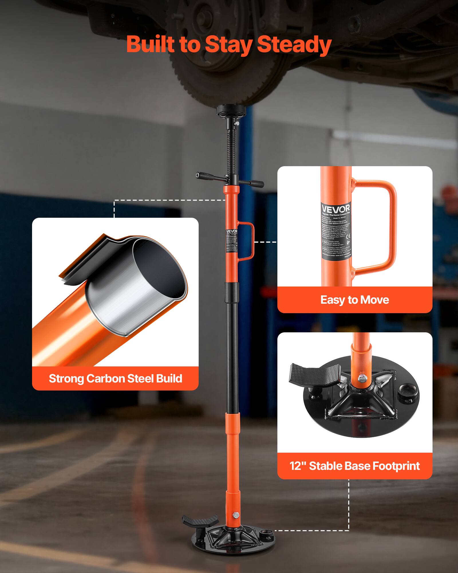 Built to Stay Steady

- Strong Carbon Steel Build
- Easy to Move
- 12" Stable Base Footprint