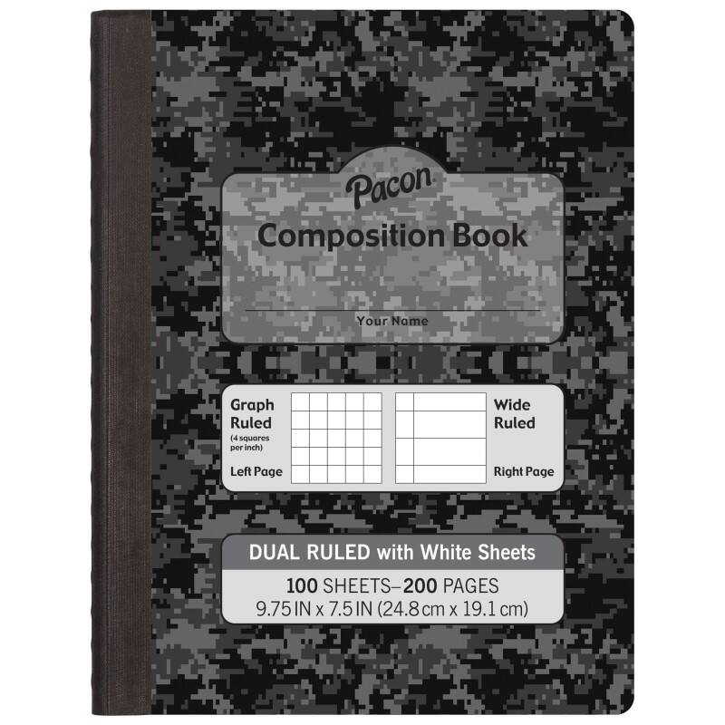 Pacon Composition Book  
Your Name  
Graph Ruled (14 squares per inch)  
Wide Ruled  
Left Page | Right Page  
DUAL RULED with White Sheets  
100 SHEETS - 200 PAGES  
9.75 IN X 7.5 IN (24.8 cm X 19.1 cm)