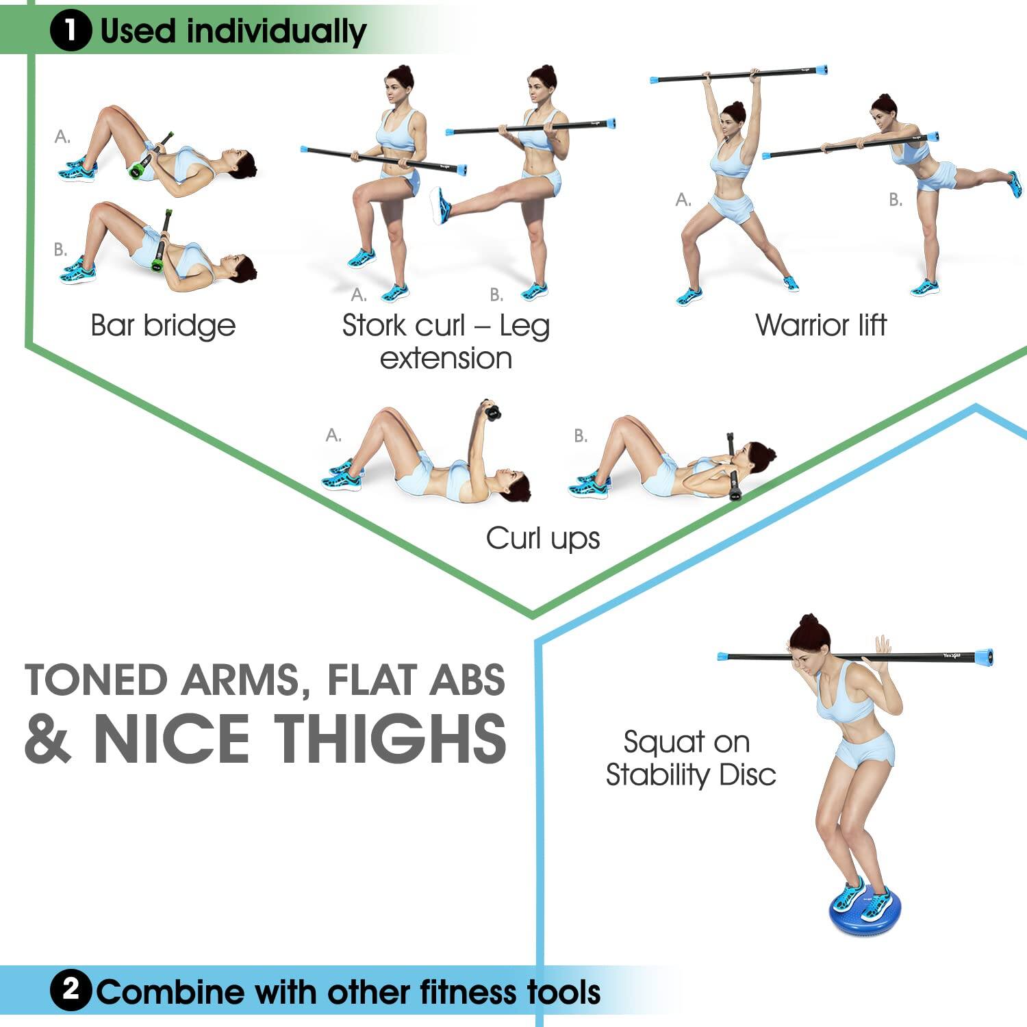 1. Used individually

   A. Bar bridge  
   B. Stork curl – Leg extension  
   A. Warrior lift  
   B. Curl ups  

   TONED ARMS, FLAT ABS & NICE THIGHS  

   A. Squat on Stability Disc  

2. Combine with other fitness tools