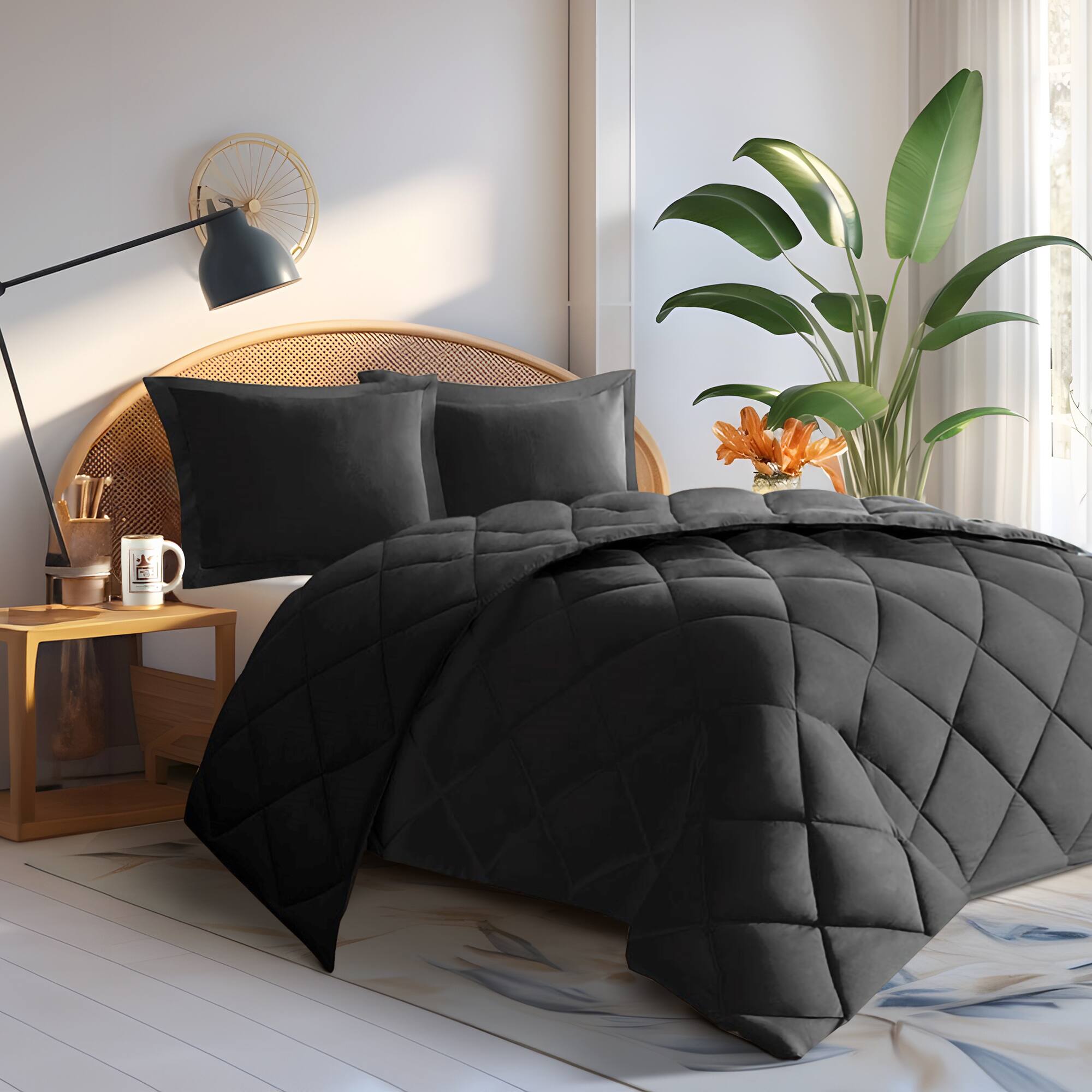 Alt View 4. Gracie Mills - Gracie Mills Vicente Reversible Diamond Quilt Down Alternative Comforter Set with 3M Scotchgard Protection - Black/Black.