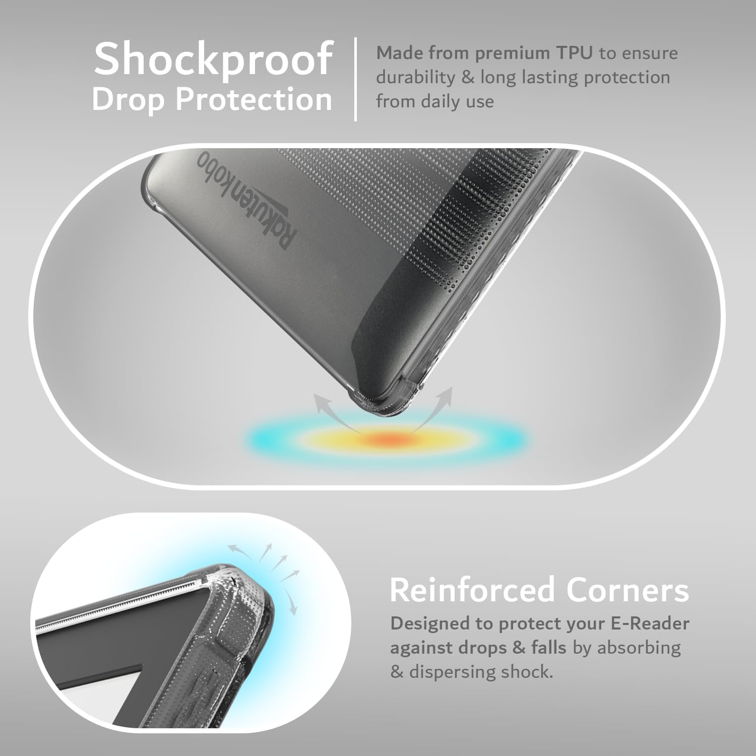 Made from premium TPU to ensure durability & long lasting protection from daily use

Shockproof Drop Protection

Reinforced Corners
Designed to protect your E-Reader against drops & falls by absorbing & dispersing shock.