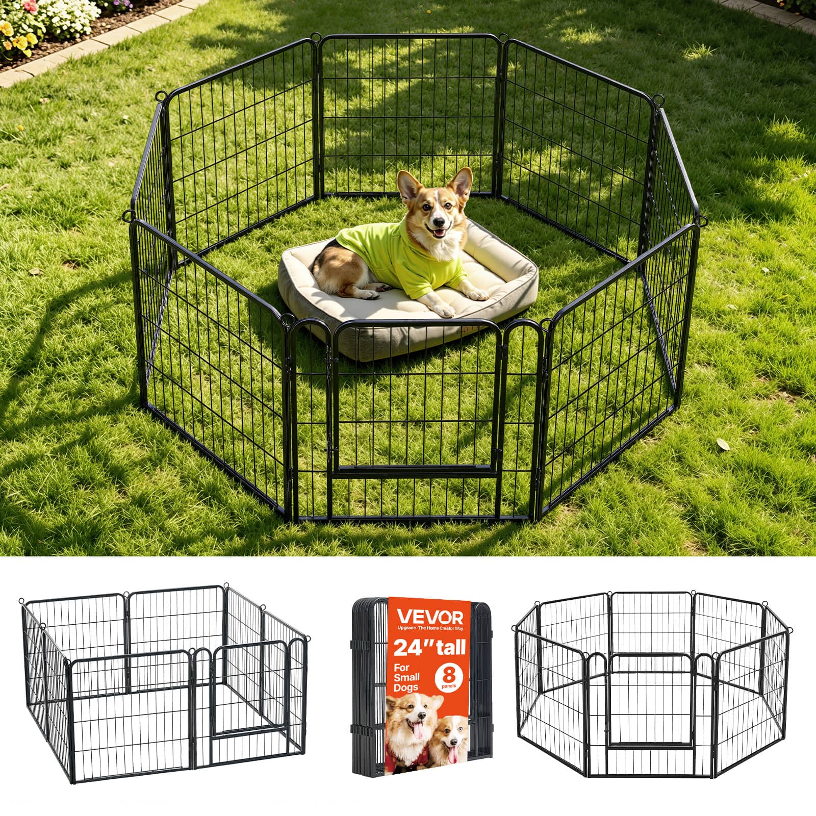 VEVOR - Dog Playpen 24 Inch 8 Panels Foldable Metal Exercise Pen Pet Fence, Indoor/Outdoor Heavy Duty Puppy Crate Kennel - Black