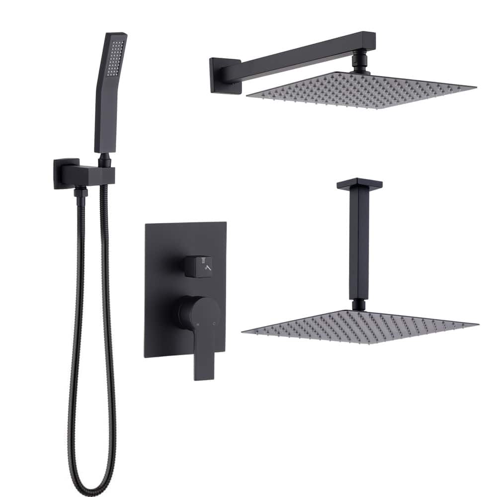 JUJABU - All-Metal 10" Ceiling Mount Rainfall Shower System with Handheld Sprayer - Mattle Black