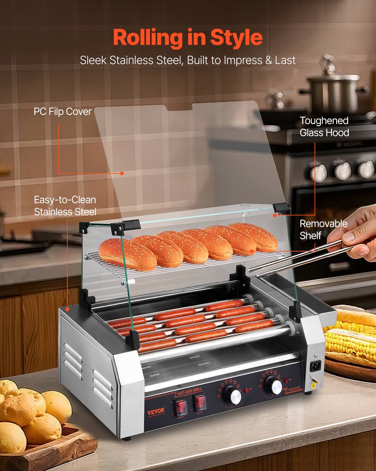 Rolling in Style  
Sleek Stainless Steel, Built to Impress & Last

- PC Flip Cover
- Toughened Glass Hood
- Easy-to-Clean Stainless Steel
- Removable Shelf

GRILL HOT-DOG

VEVOR