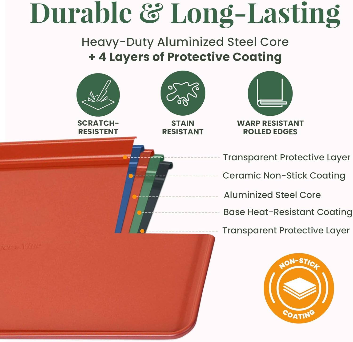 Durable & Long-Lasting  
Heavy-Duty Aluminized Steel Core + 4 Layers of Protective Coating  
SCRATCH-RESISTANT  
STAIN RESISTANT  
WARP RESISTANT  
ROLLED EDGES  
Transparent Protective Layer  
Ceramic Non-Stick Coating  
Aluminized Steel Core  
Base Heat-Resistant Coating  
Transparent Protective Layer  
NON-STICK COATING