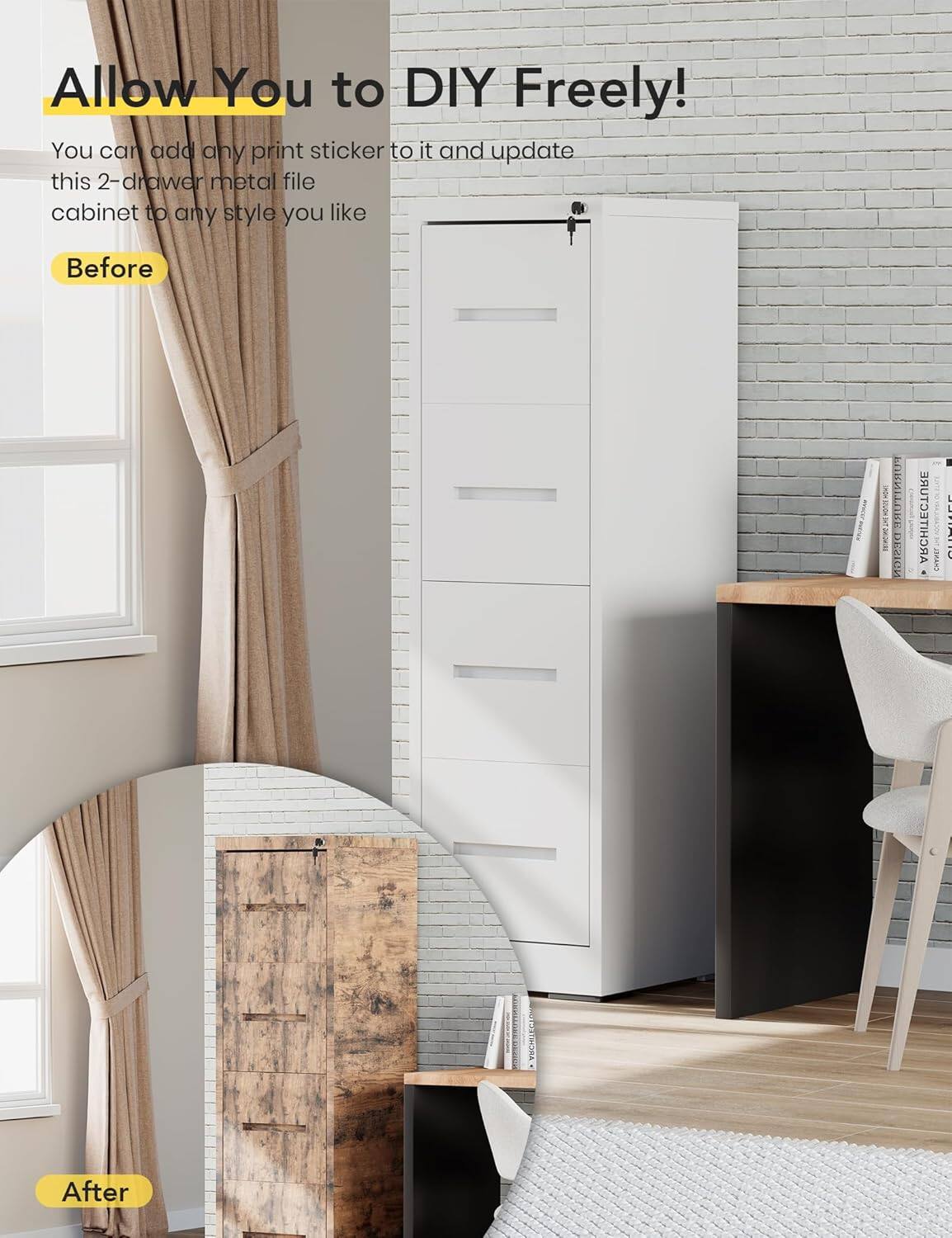 Allow You to DIY Freely!

You can add any print sticker to it and update this 2-drawer metal file cabinet to any style you like

Before

After