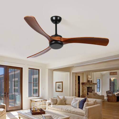Alt View 2. LUCKY ONE - 72" Low Profile Ceiling Fan No Light Remote 6-Speed Wood Blades - Black,Natural Wood.