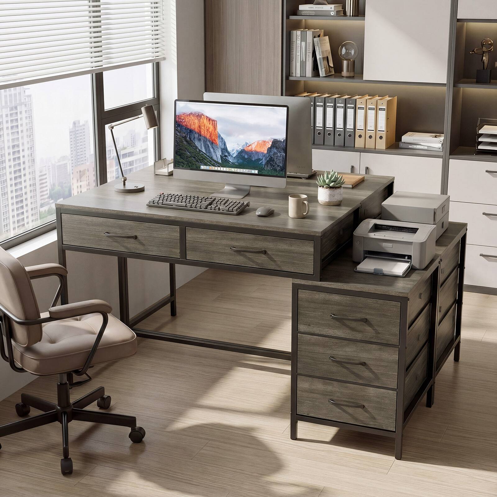 Alt View 3. Costway - Costway Computer Desk with 5 Drawers, 51 Inch Home Office Desk with Reversible Drawers - Oak.