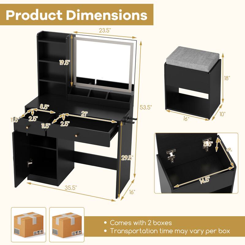 Product Dimensions

23.5"  
19.5"  
18"  
11.5"  
8.5"  
2.5"  
11.5"  
2.5"  
2"  
53.5"  
16"  
10"  
29.5"  
5.5"  
8"  
35.5"  
16"  
14.5"  

Comes with 2 boxes  
Transportation time may vary per box