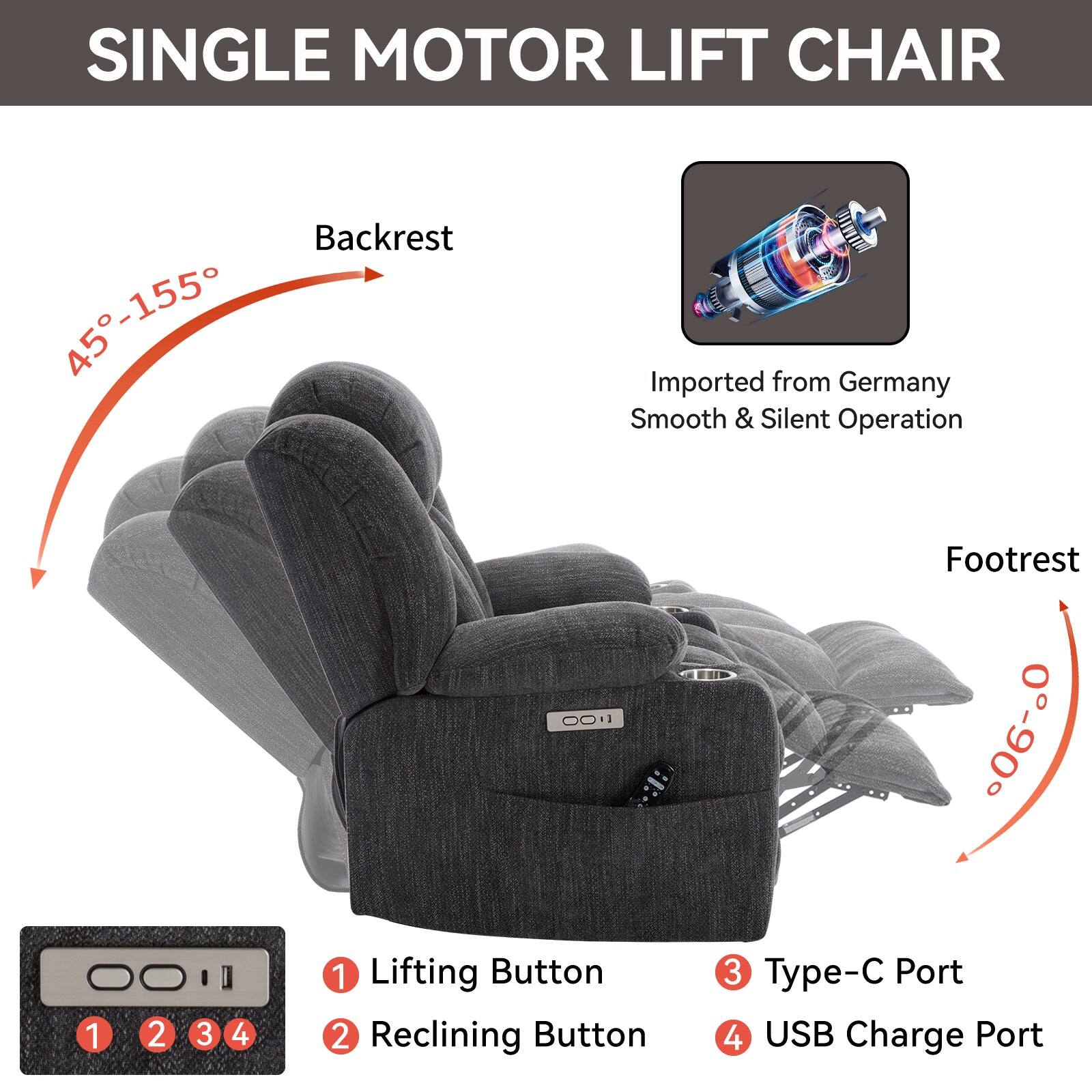 Single Motor Lift Chair Backrest 45-155 Imported from Germany Smooth & Silent Operation Footrest 0-90 Lifting Button Reclining Button Type-C Port USB Charge Port