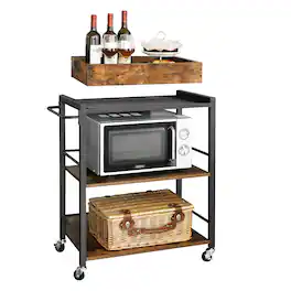 Songmics Home - Kitchen Serving Cart with Removable Tray, 3-Tier Kitchen Utility Cart on Wheels with Storage, with Brakes, Leveling Feet - Rustic Brown and Black