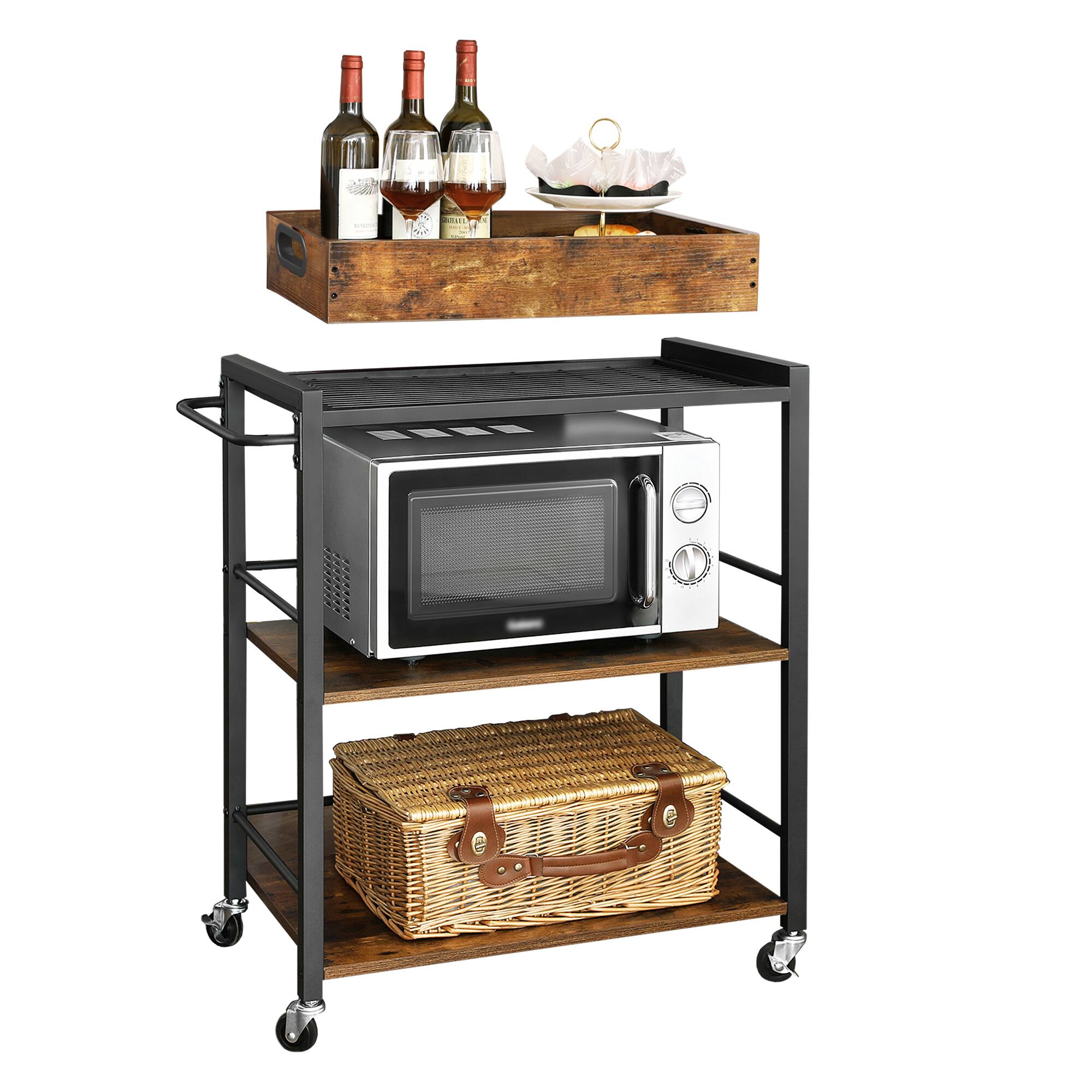 Front. Songmics Home - Kitchen Serving Cart with Removable Tray, 3-Tier Kitchen Utility Cart on Wheels with Storage, with Brakes, Leveling Feet - Rustic Brown and Black.