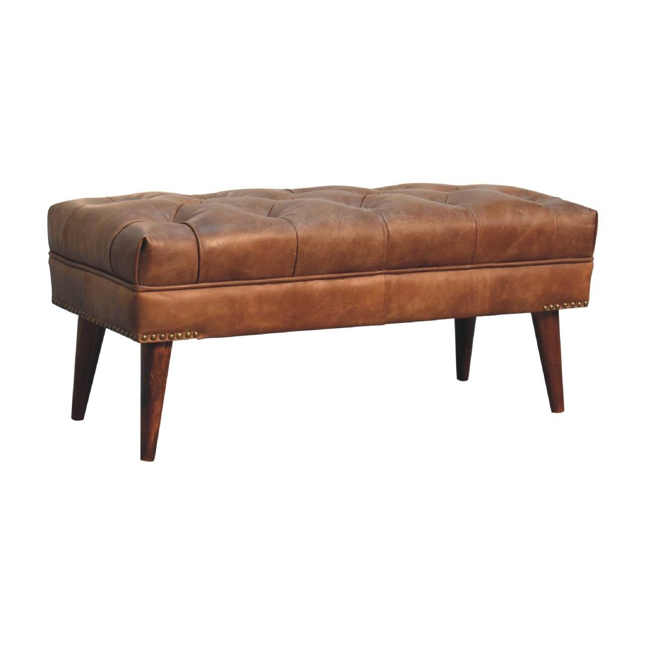 Back. Artisan Furniture - Artisan Furniture Solid Wood Harbour Brown Leather Bench, Upholstered, Brown - Brown.